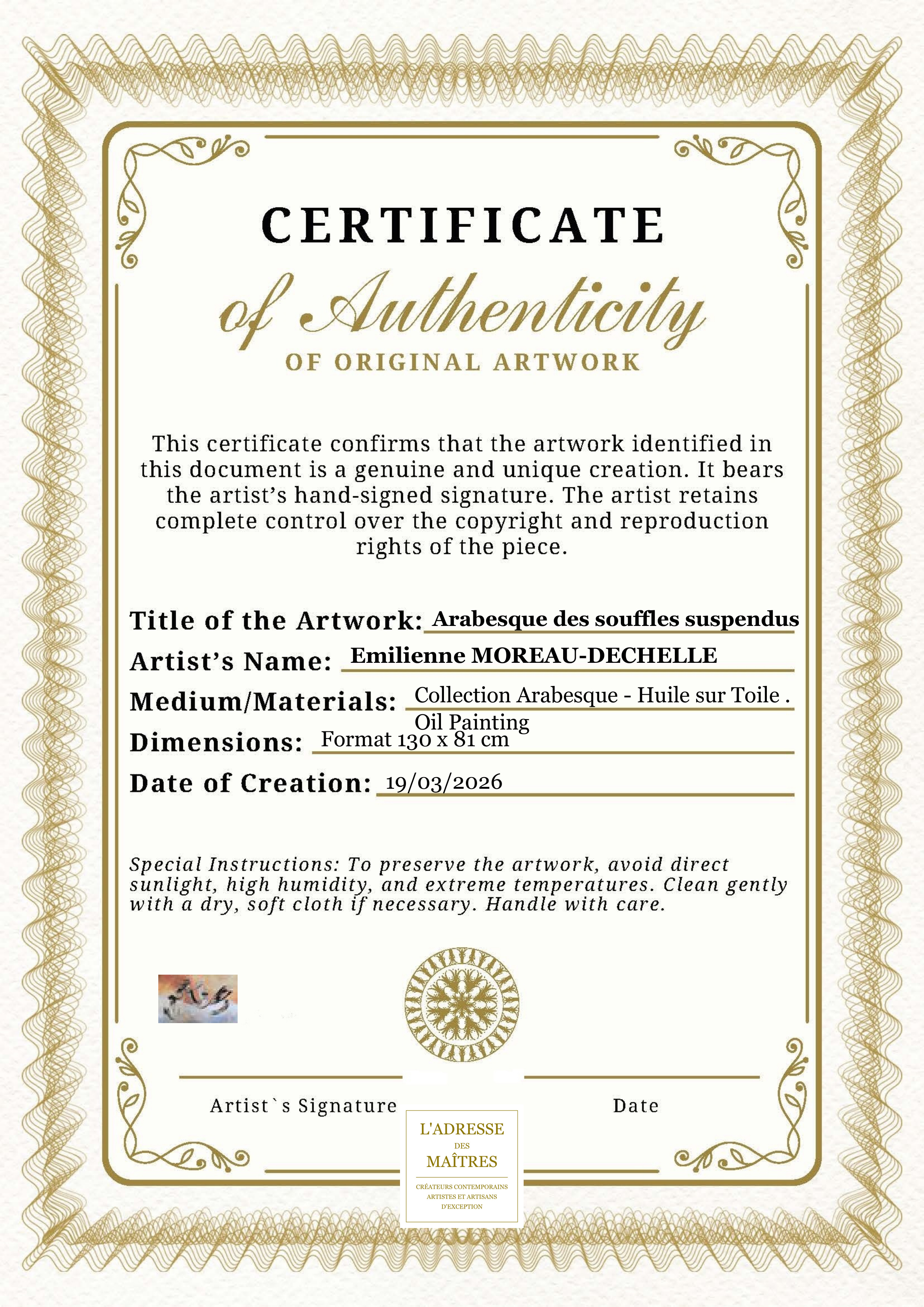 Certificat d'authenticité — Arabesque des souffles suspendus — Emilienne MOREAU-DECHELLE