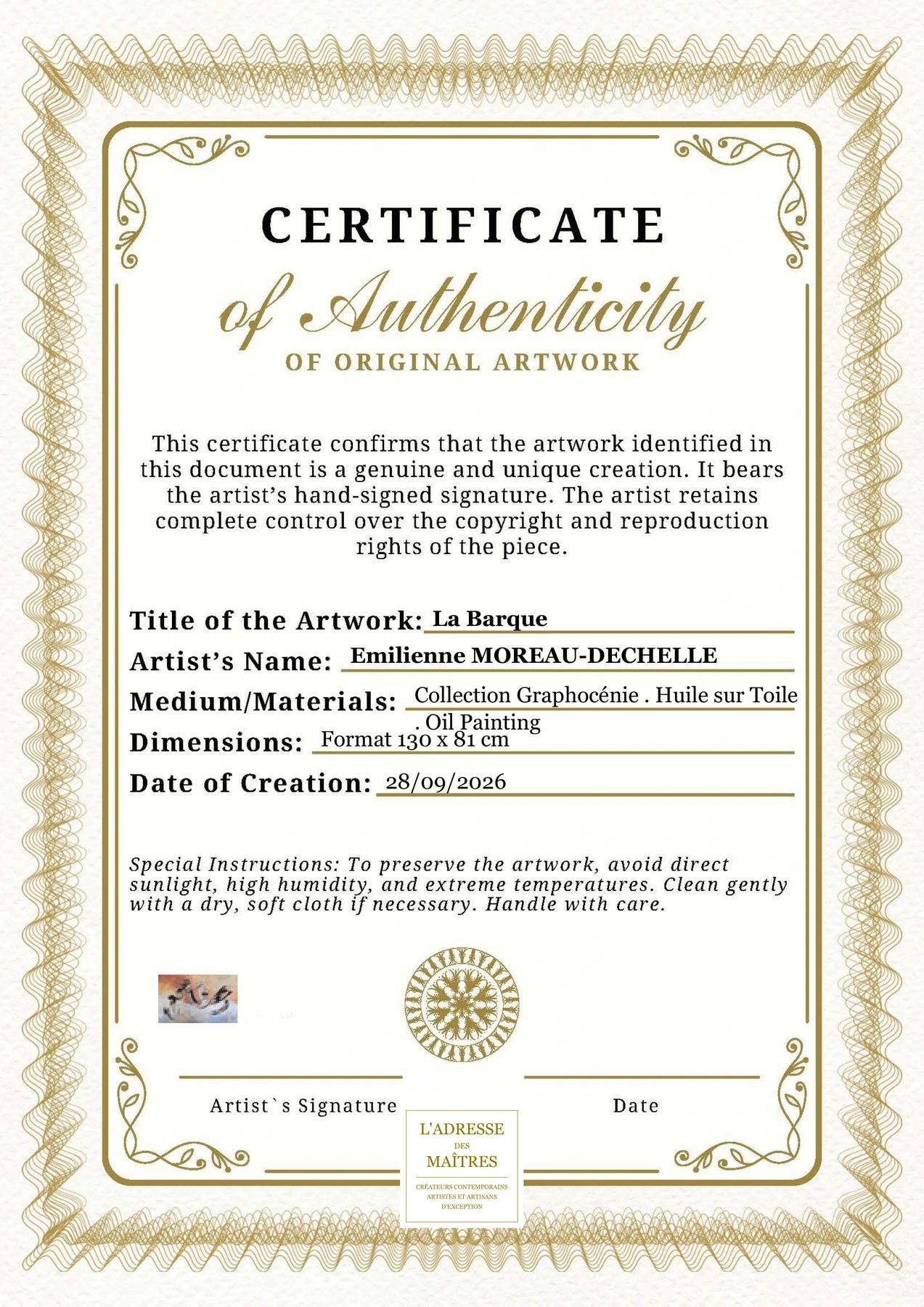 Certificat d'authenticité - La Barque - Emilienne MOREAU-DECHELLE