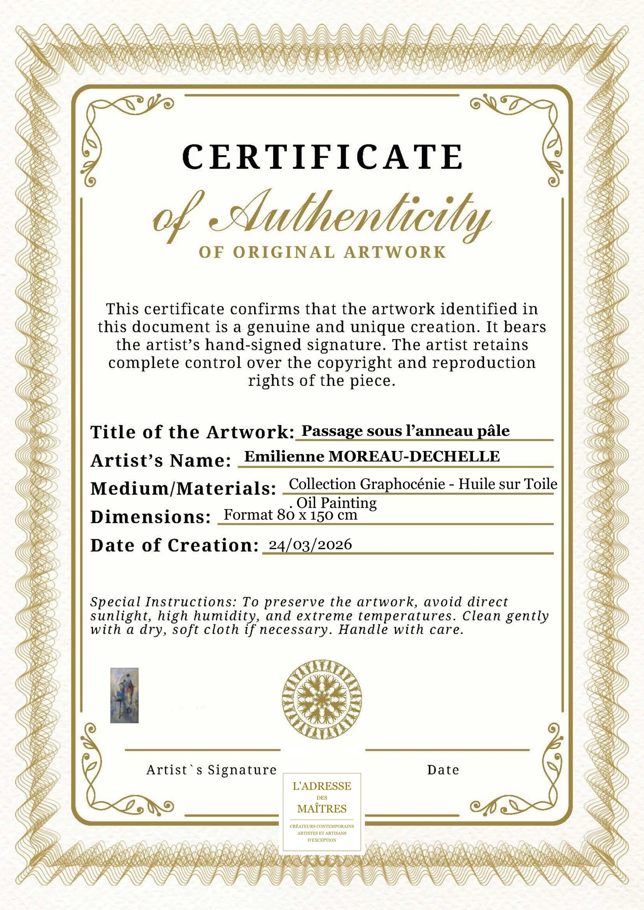 Certificat d'authenticité - Passage sous l’anneau pâle - Emilienne MOREAU-DECHELLE