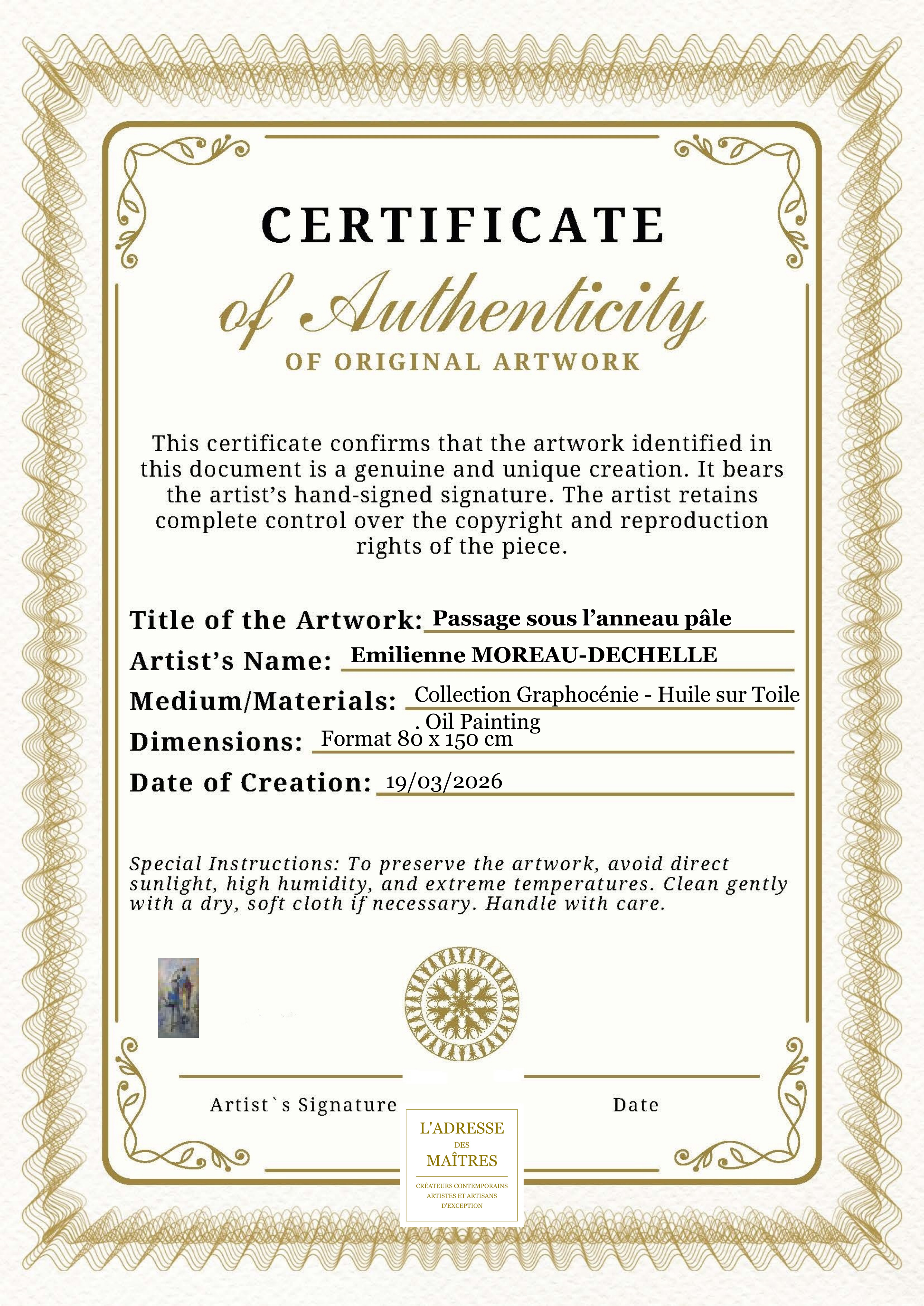 Certificat d'authenticité — Passage sous l’anneau pâle — Emilienne MOREAU-DECHELLE