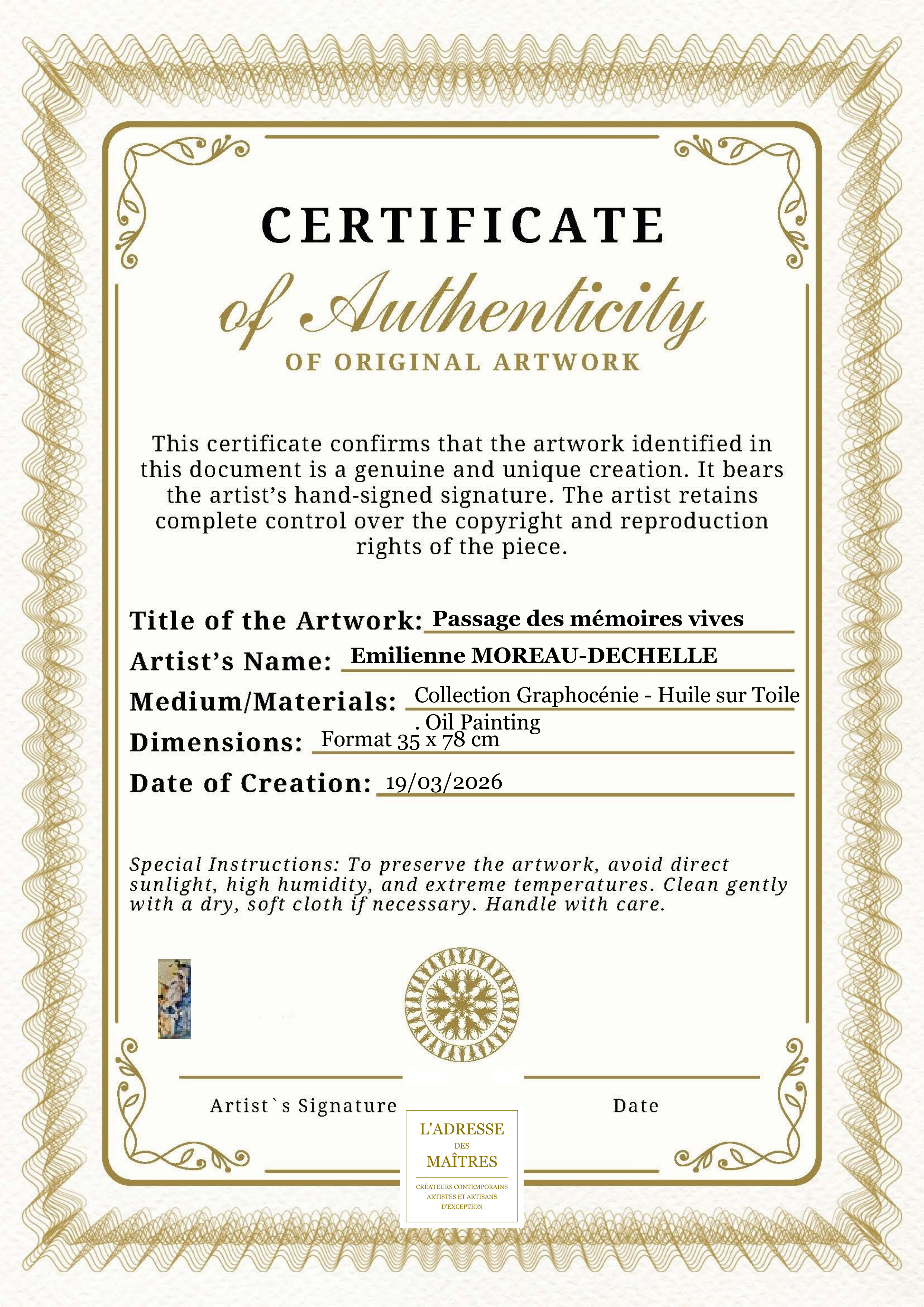 Certificat d'authenticité — Passage des mémoires vives — Emilienne MOREAU-DECHELLE