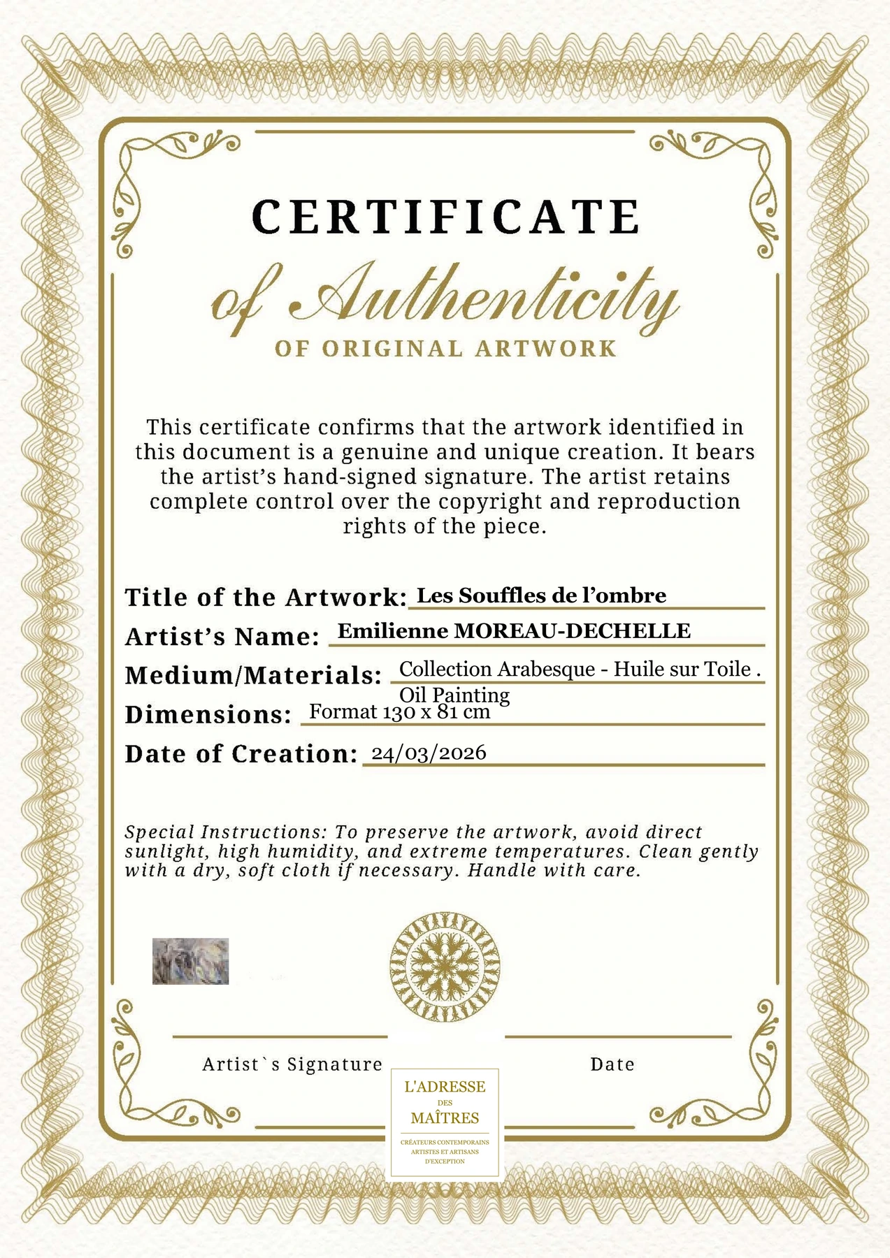 Certificat d'authenticité - Les Souffles de l’ombre - Emilienne MOREAU-DECHELLE
