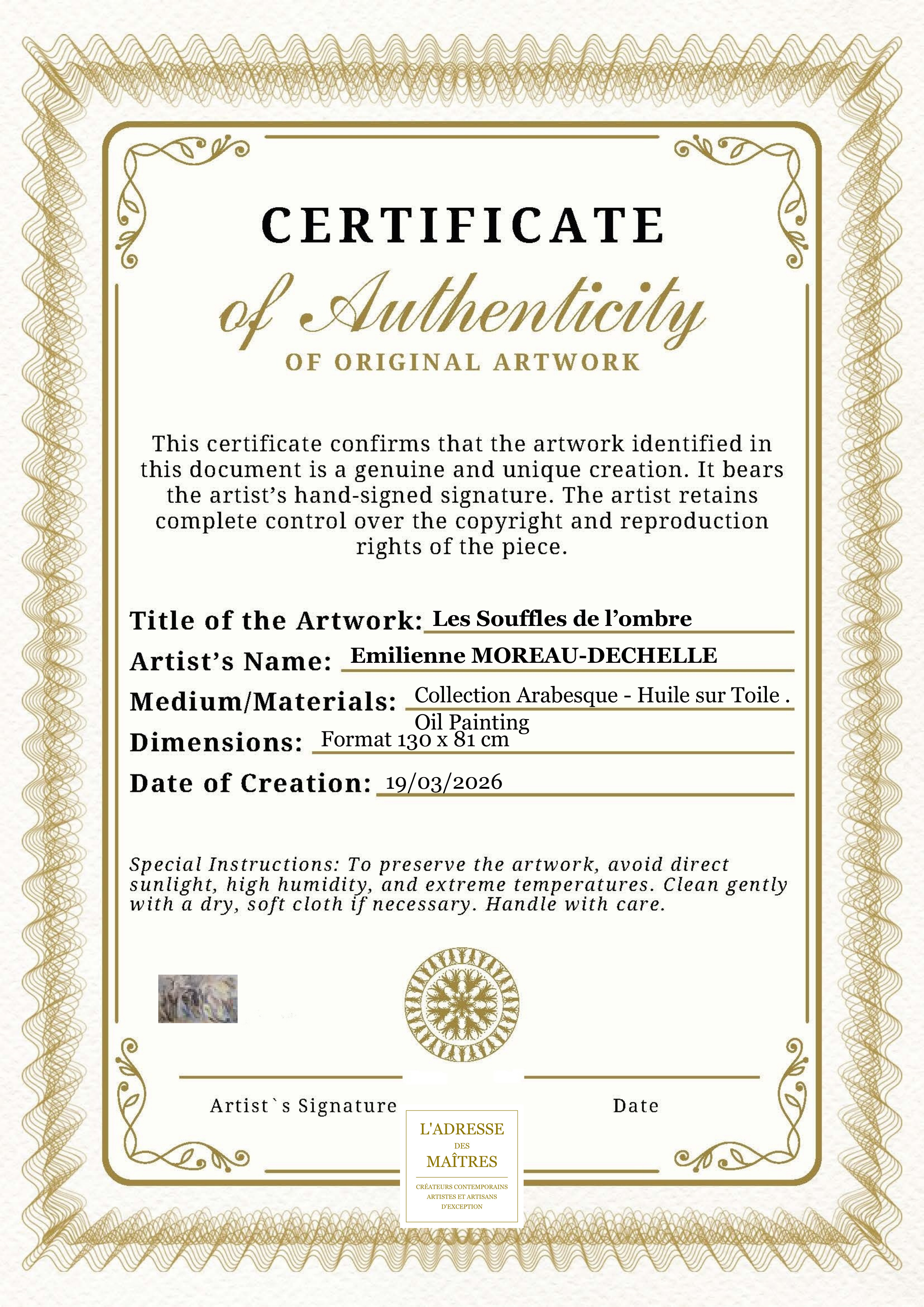 Certificat d'authenticité — Les Souffles de l’ombre — Emilienne MOREAU-DECHELLE