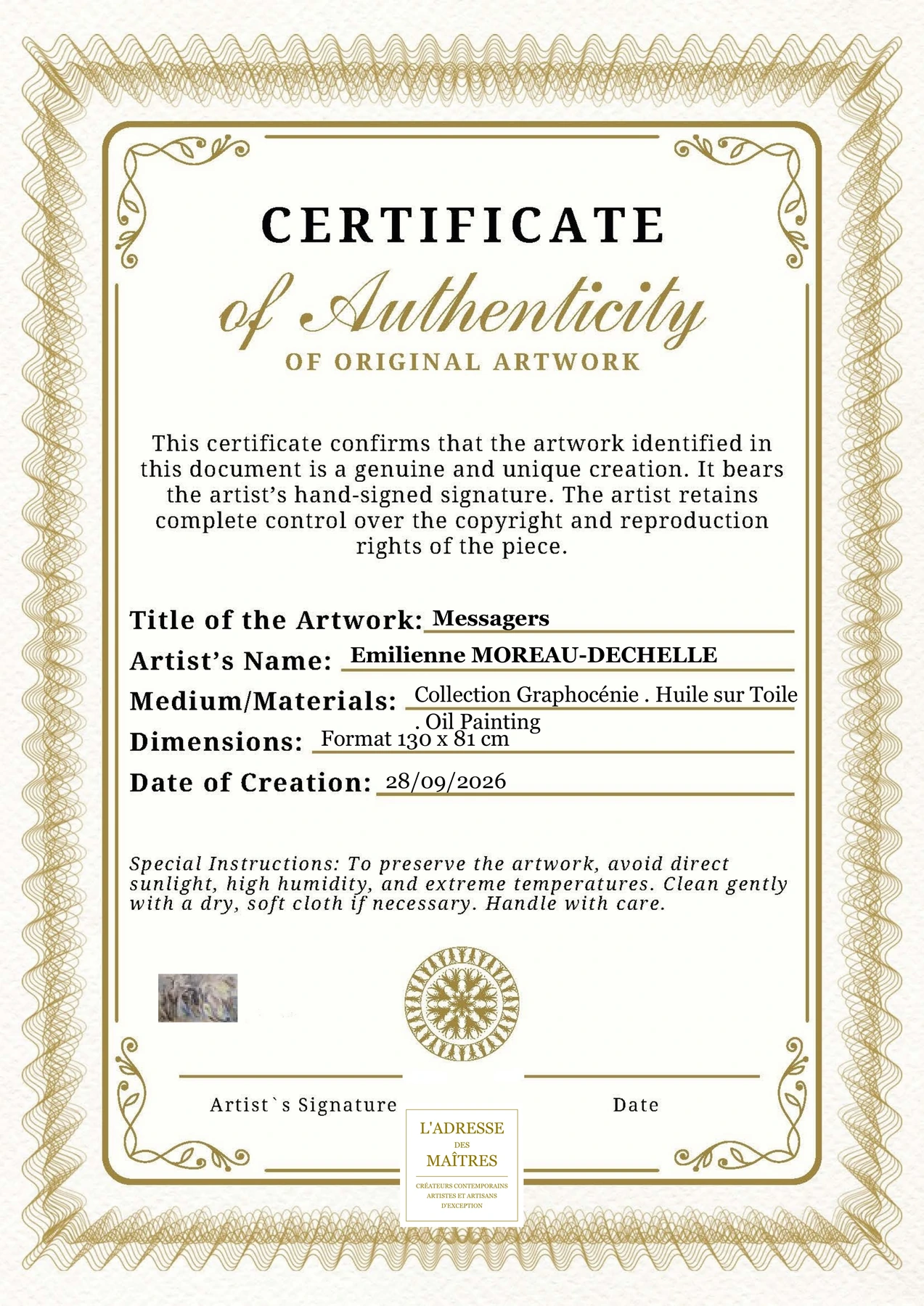 Certificat d'authenticité - Messagers - Emilienne MOREAU-DECHELLE