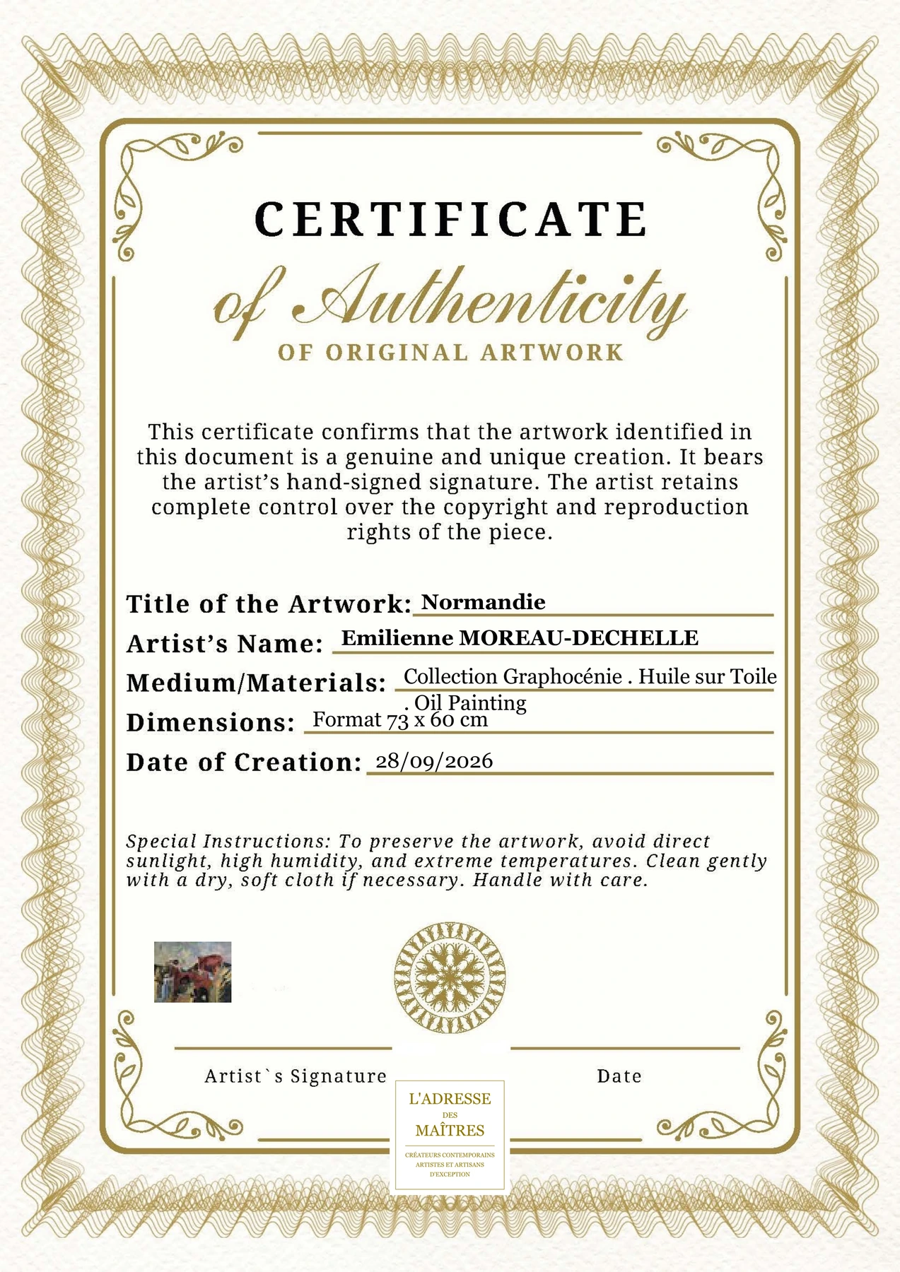 Certificat d'authenticité - Normandie - Emilienne MOREAU-DECHELLE