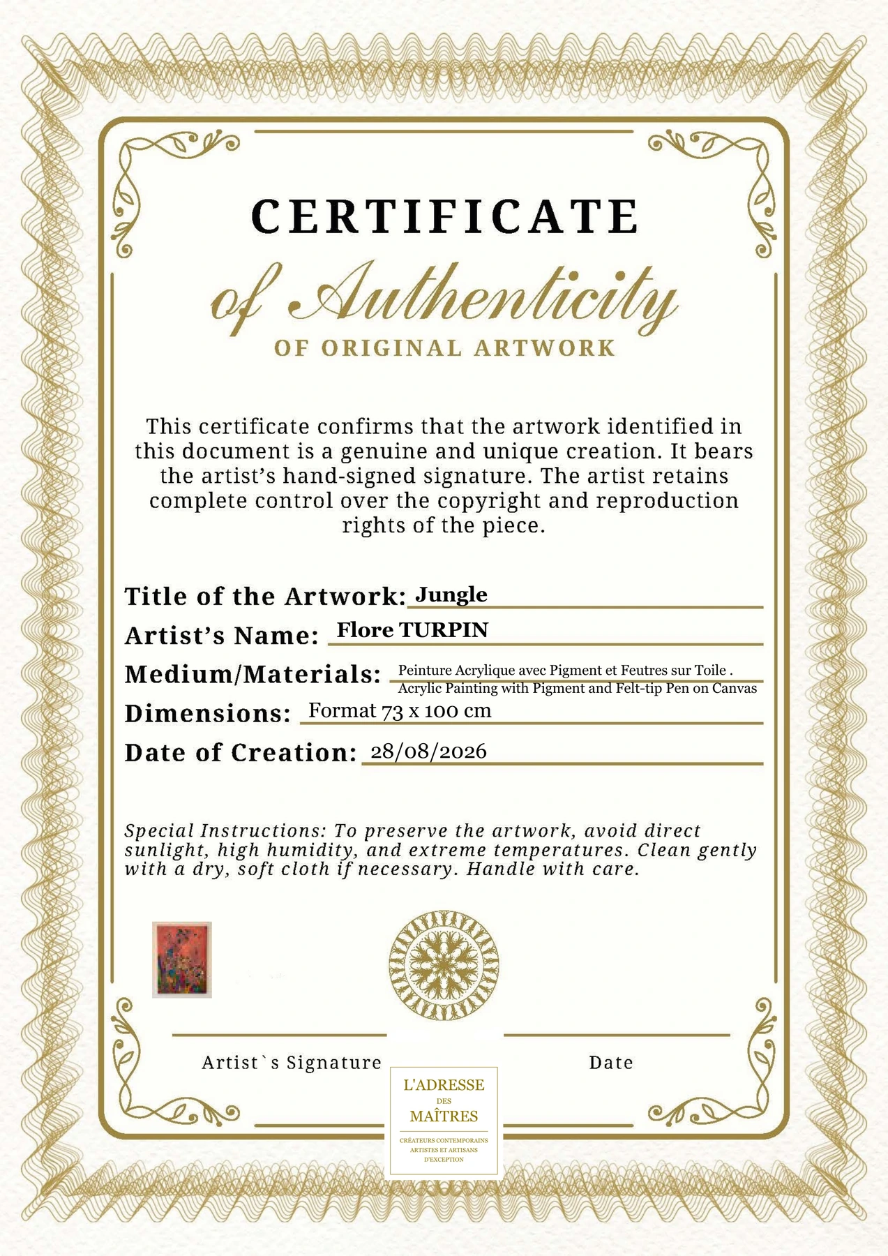 Certificat d'authenticité - Jungle - Flore TURPIN