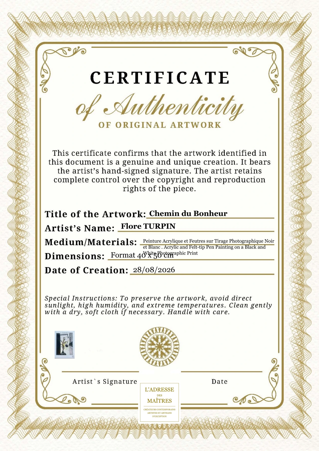 Certificat d'authenticité - Chemin du Bonheur - Flore TURPIN
