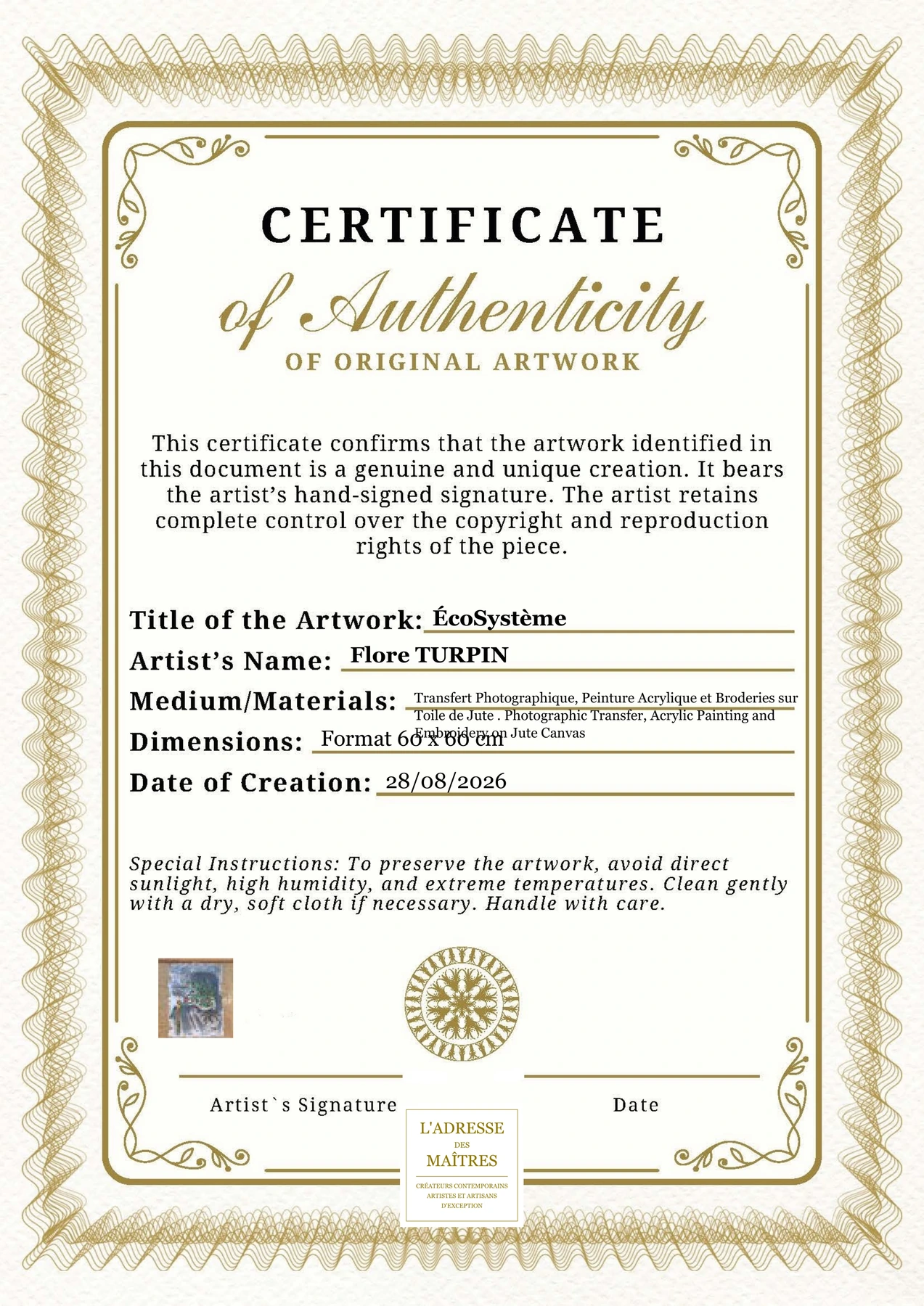 Certificat d'authenticité - ÉcoSystème - Flore TURPIN