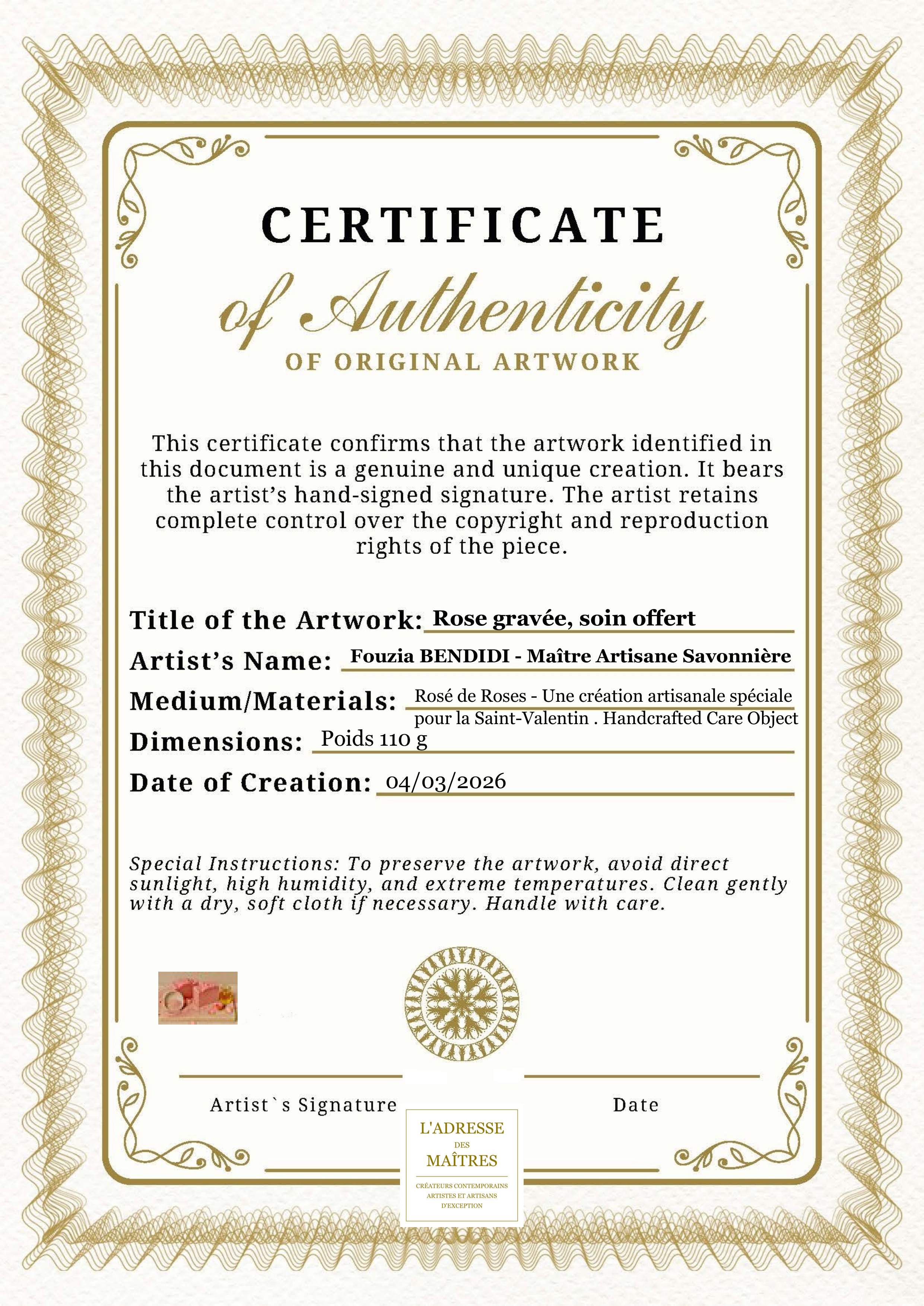 Certificat d'authenticité — Rose gravée, soin offert — Fouzia BENDIDI - Maître Artisane Savonnière