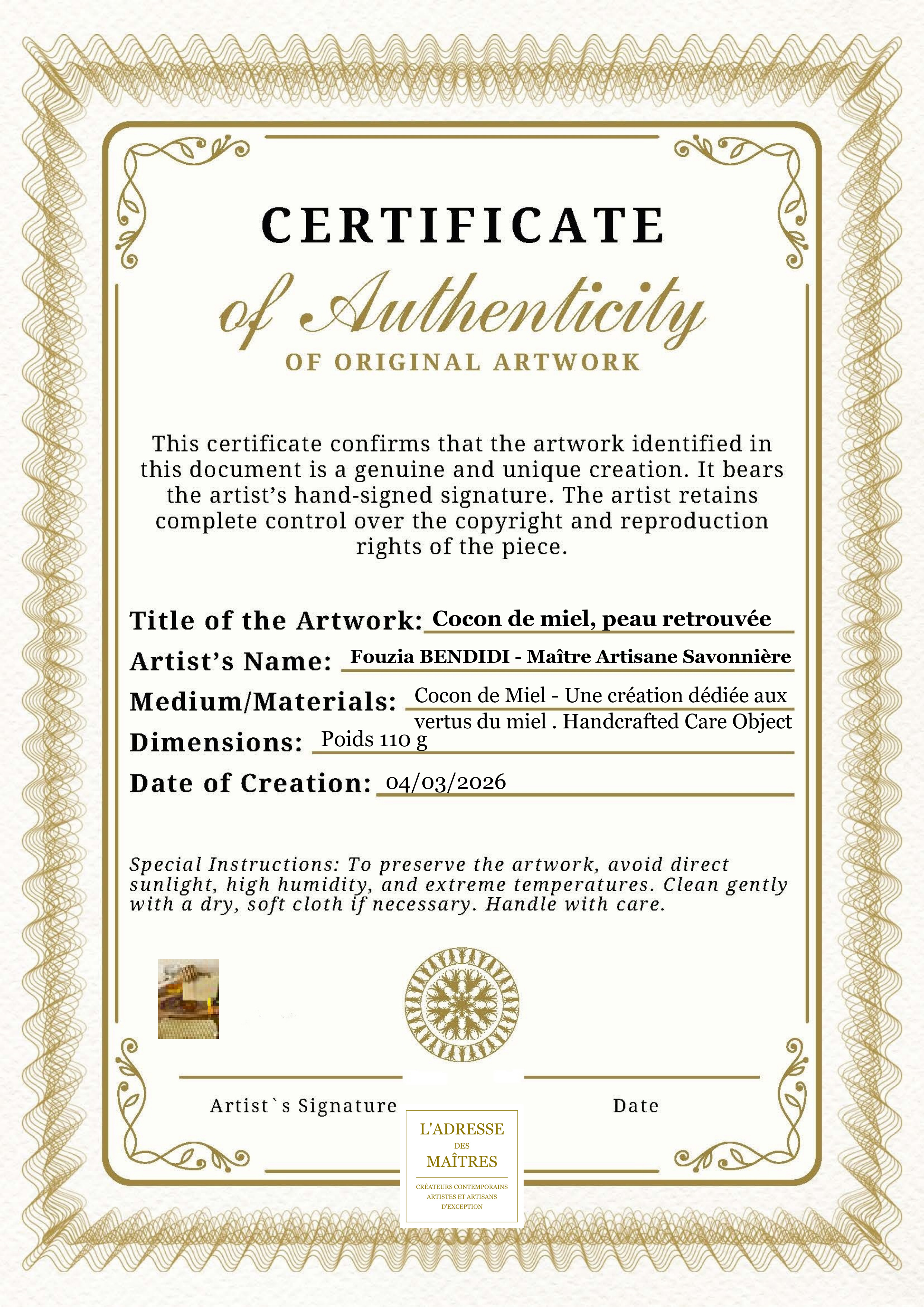 Certificat d'authenticité — Cocon de miel, peau retrouvée — Fouzia BENDIDI - Maître Artisane Savonnière