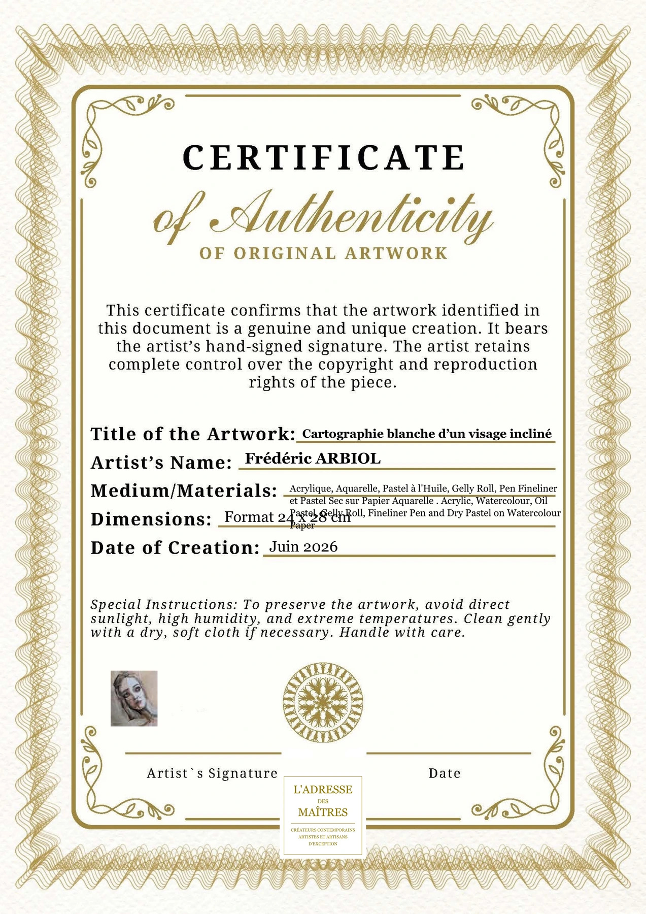 Certificat d'authenticité - Cartographie blanche d’un visage incliné - Frédéric ARBIOL