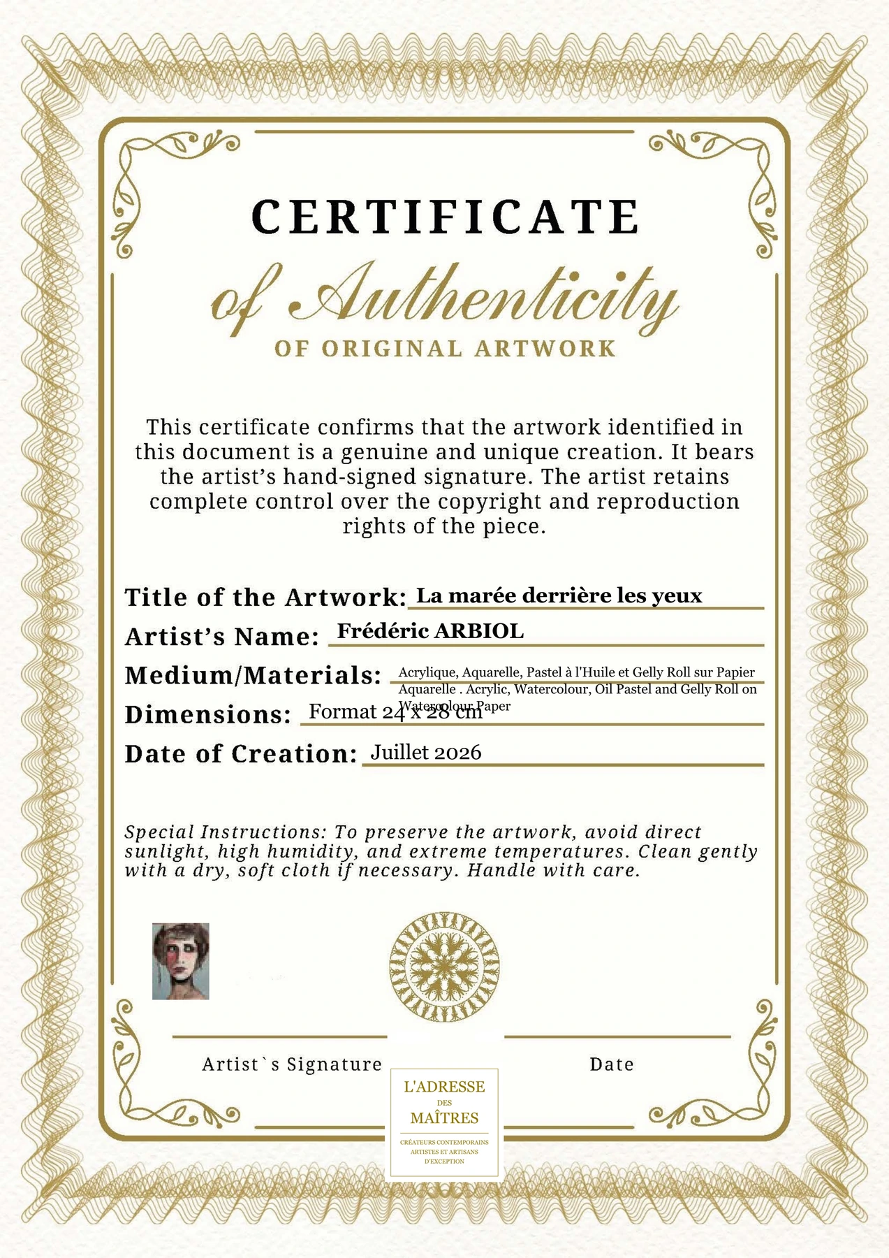 Certificat d'authenticité - La marée derrière les yeux - Frédéric ARBIOL