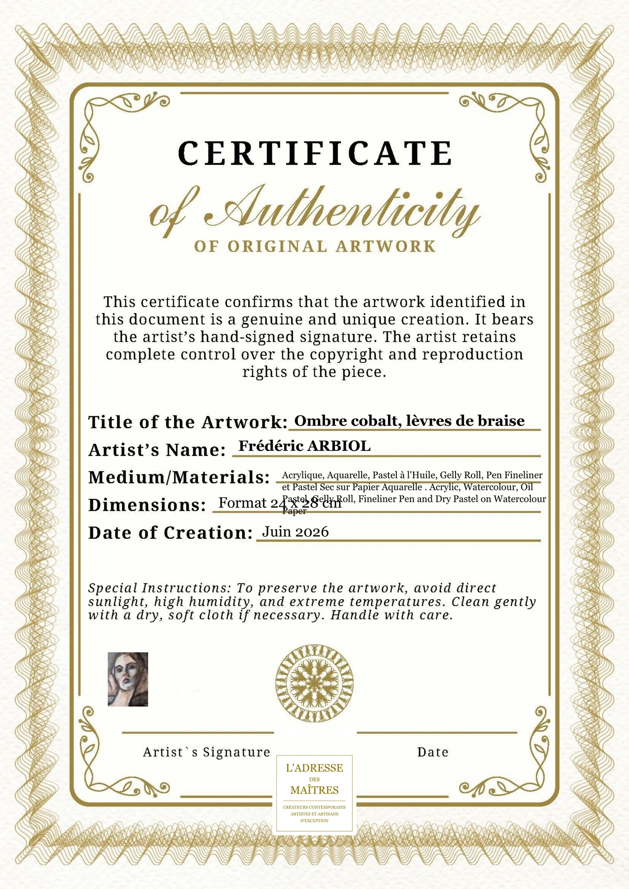 Certificat d'authenticité - Ombre cobalt, lèvres de braise - Frédéric ARBIOL