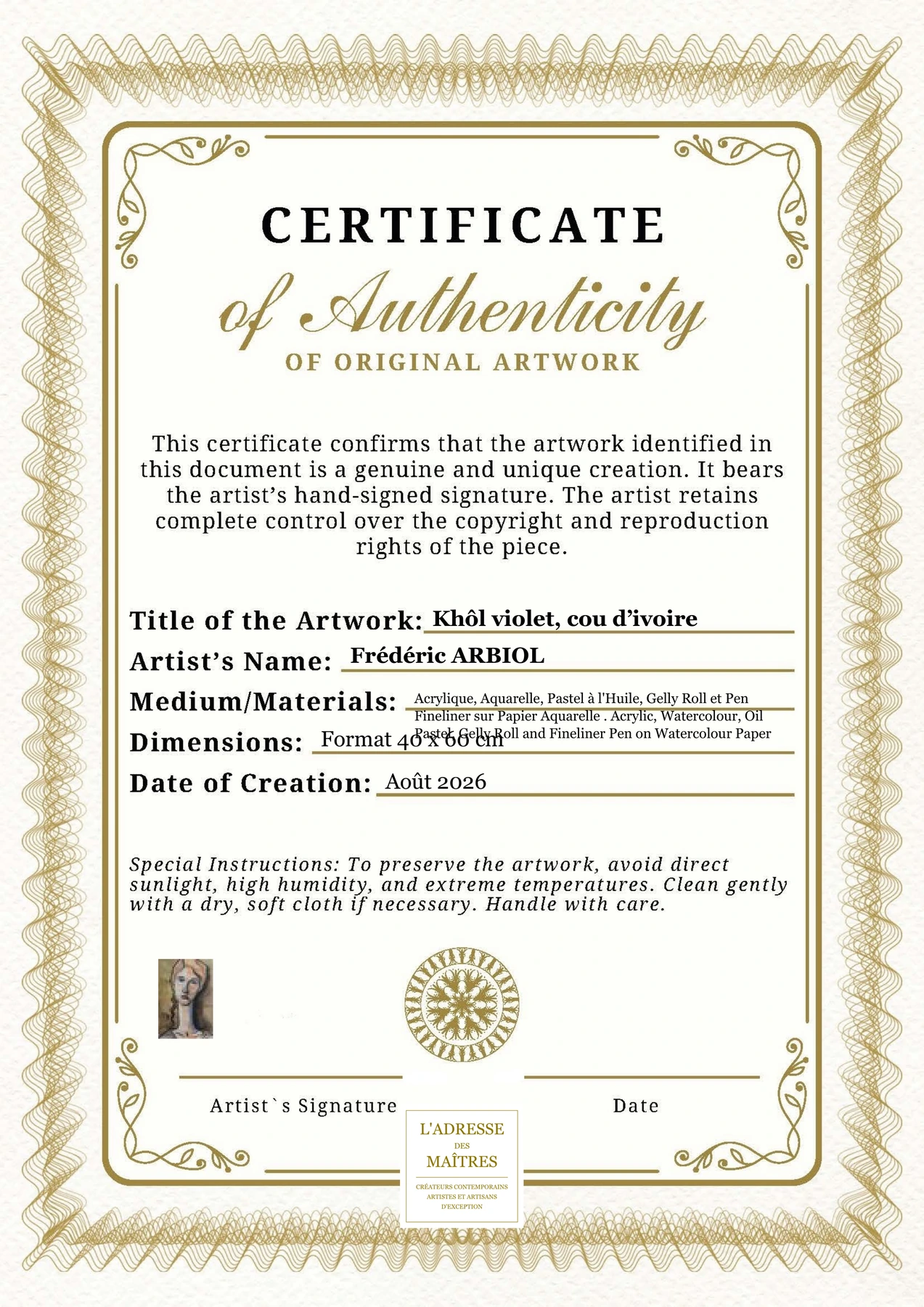 Certificat d'authenticité - Khôl violet, cou d’ivoire - Frédéric ARBIOL