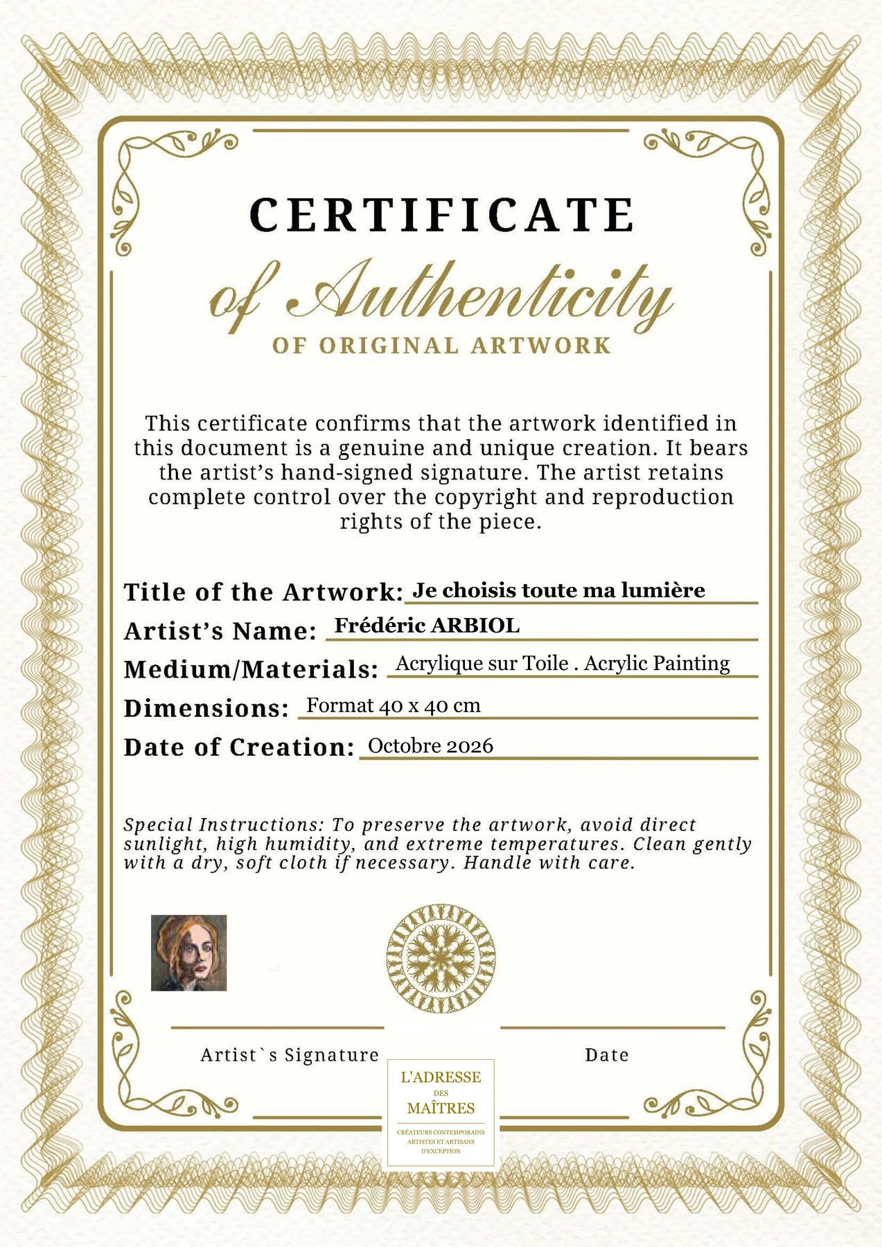 Certificat d'authenticité - Je choisis toute ma lumière - Frédéric ARBIOL