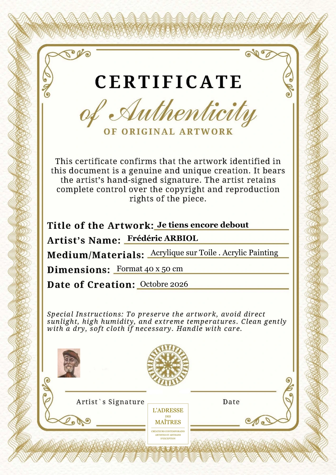 Certificat d'authenticité - Je tiens encore debout - Frédéric ARBIOL