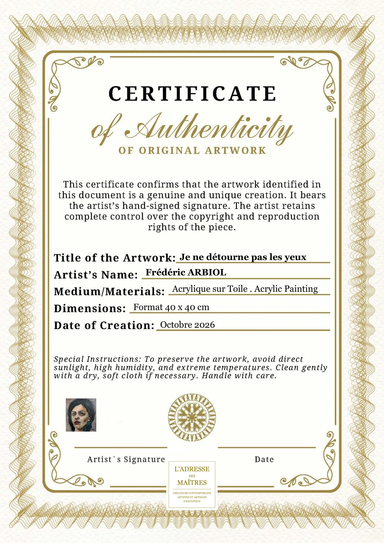 Certificat d'authenticité - Je ne détourne pas les yeux - Frédéric ARBIOL