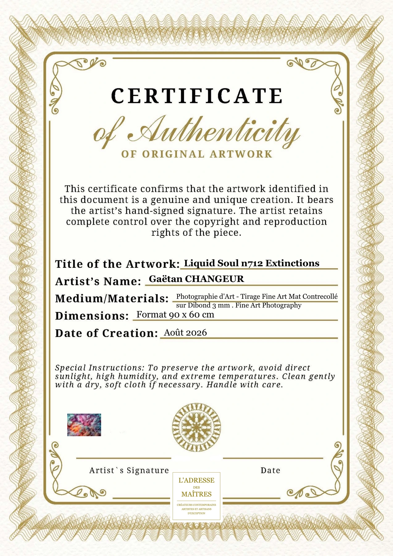 Certificat d'authenticité - Liquid Soul n712 Extinctions - Gaëtan CHANGEUR