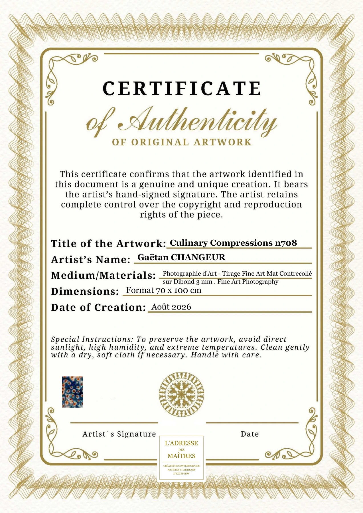 Certificat d'authenticité - Culinary Compressions n708 - Gaëtan CHANGEUR
