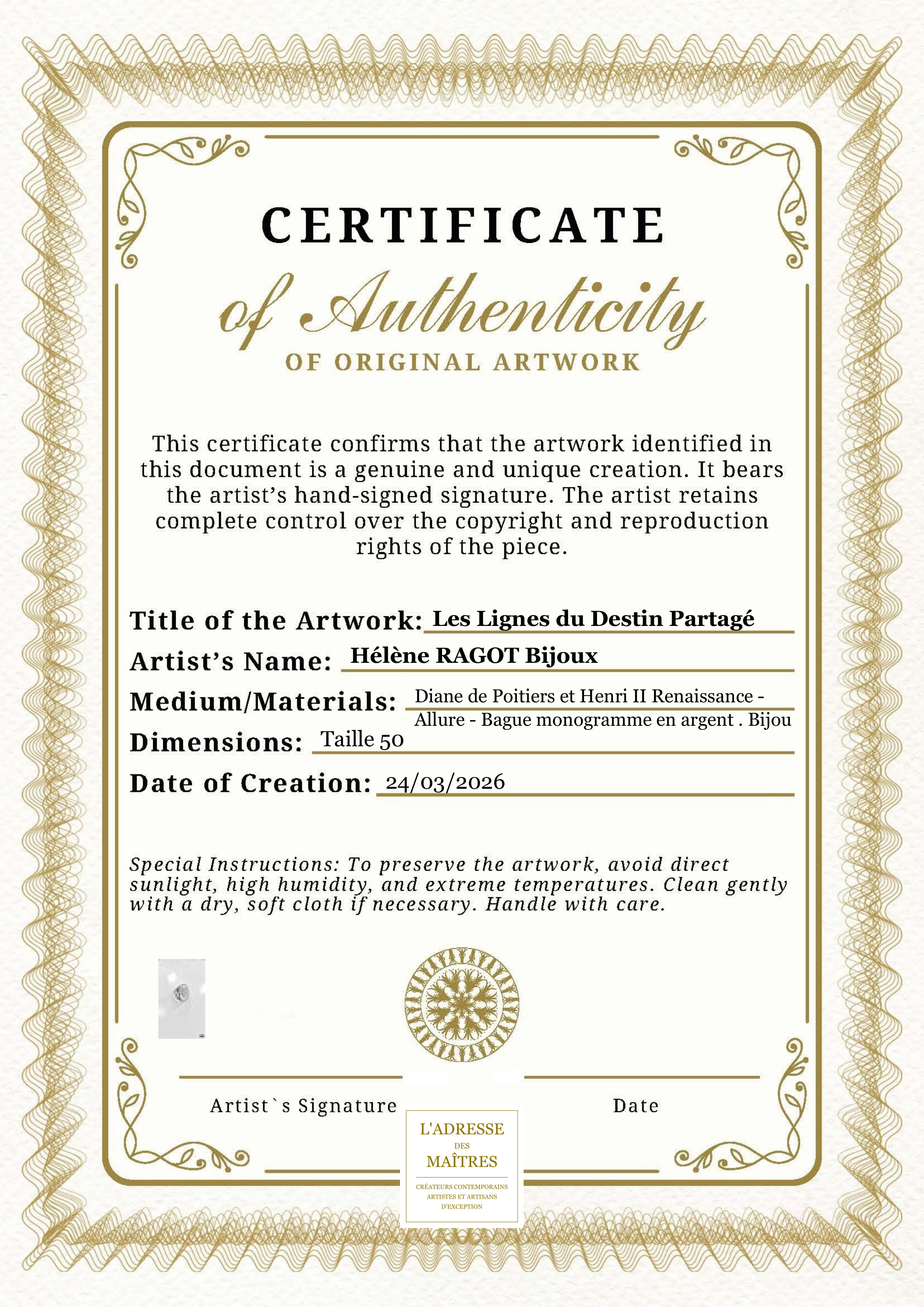 Certificat d'authenticité — Les Lignes du Destin Partagé — Hélène RAGOT Bijoux