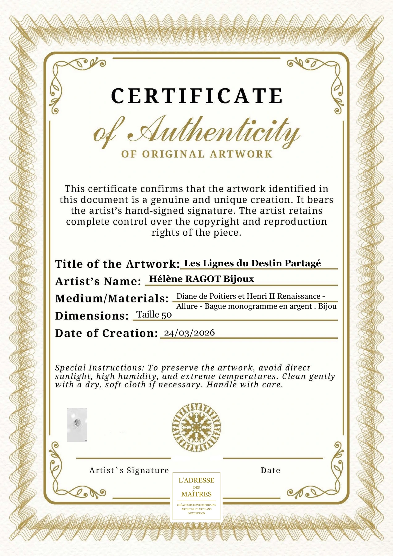 Certificat d'authenticité - Les Lignes du Destin Partagé - Hélène RAGOT Bijoux