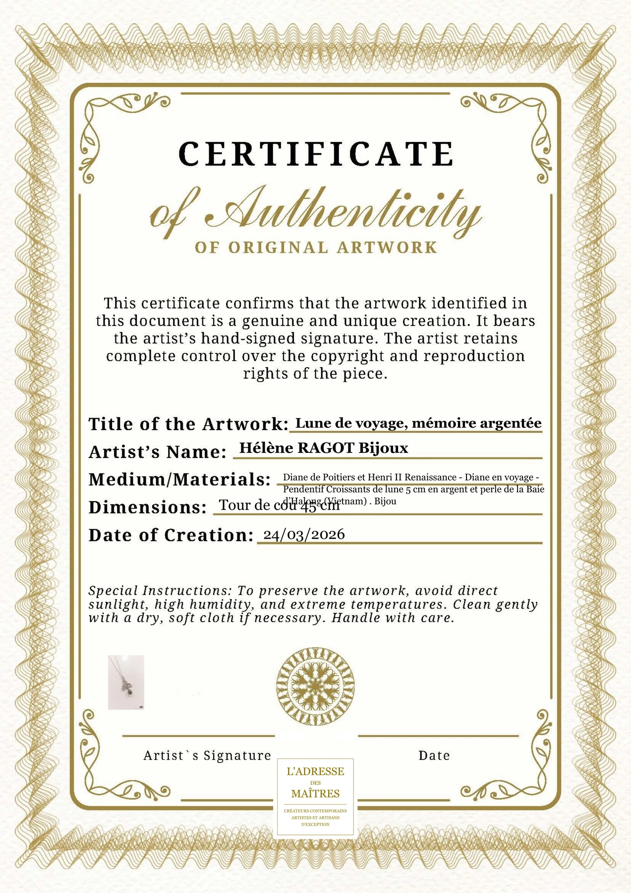 Certificat d'authenticité - Lune de voyage, mémoire argentée - Hélène RAGOT Bijoux
