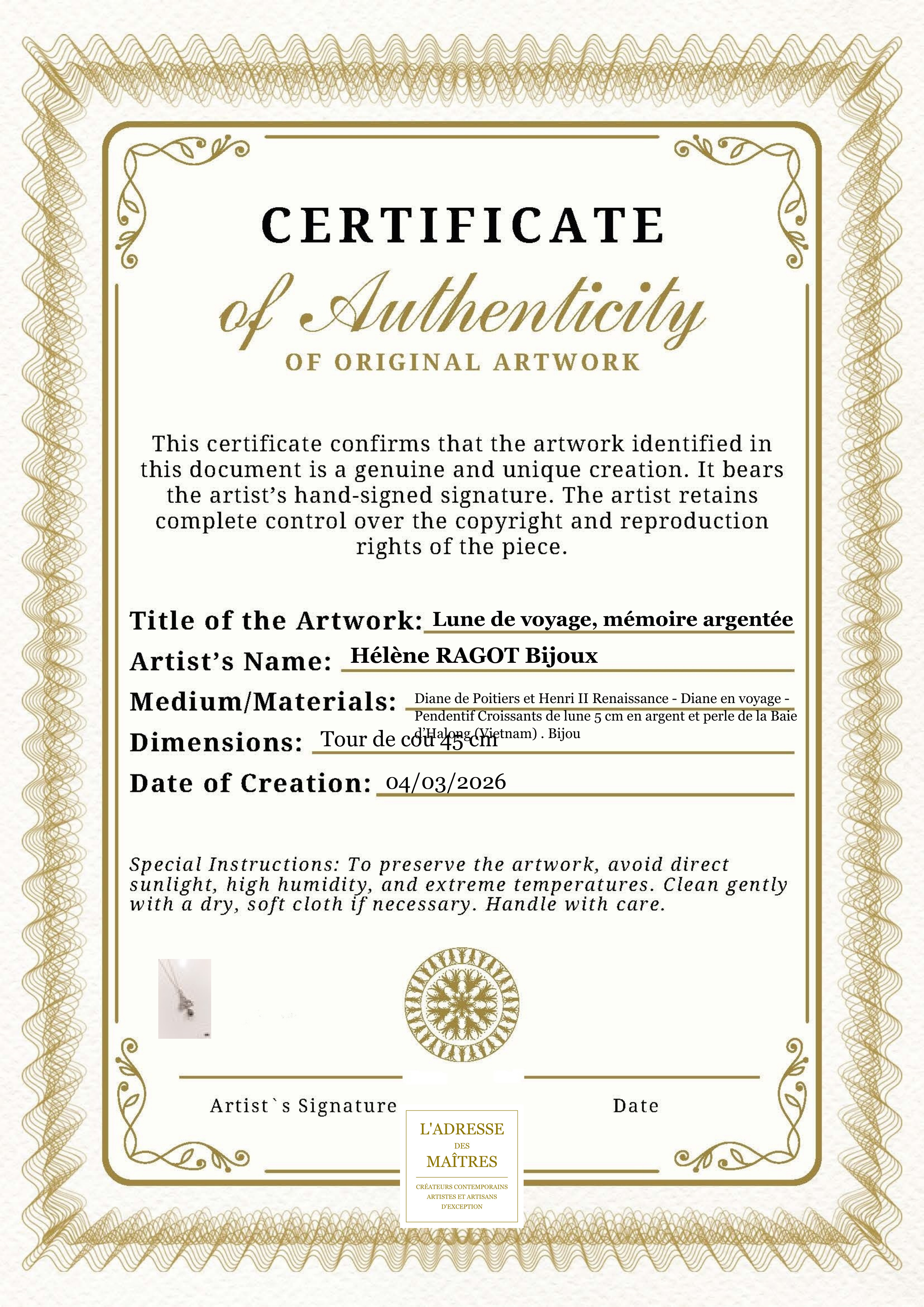 Certificat d'authenticité — Lune de voyage, mémoire argentée — Hélène RAGOT Bijoux