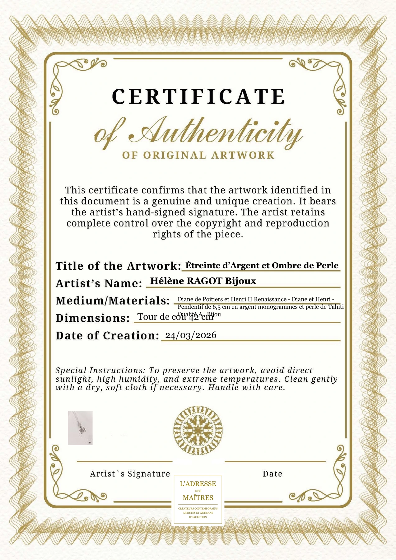 Certificat d'authenticité - Étreinte d’Argent et Ombre de Perle - Hélène RAGOT Bijoux