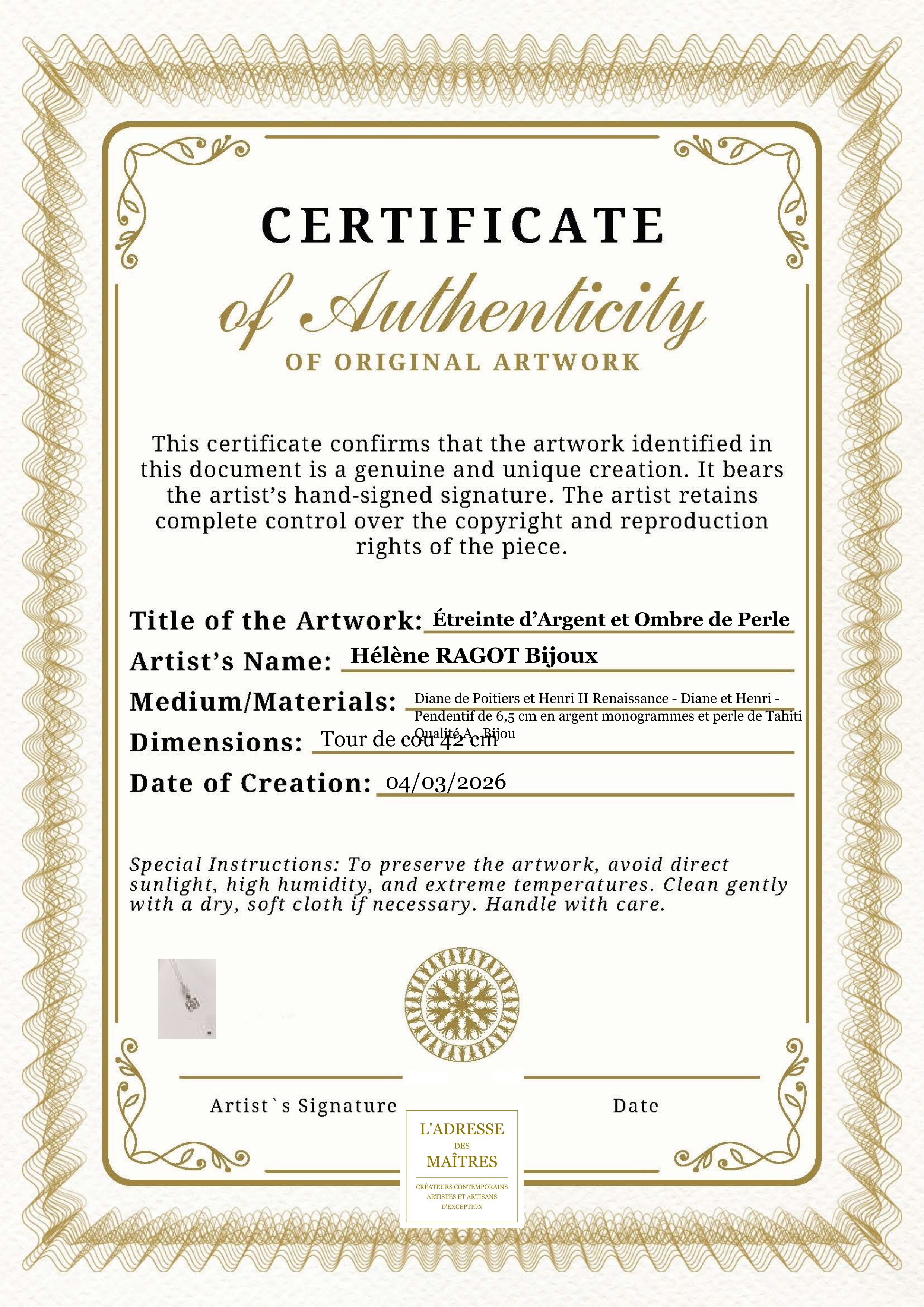 Certificat d'authenticité — Étreinte d’Argent et Ombre de Perle — Hélène RAGOT Bijoux