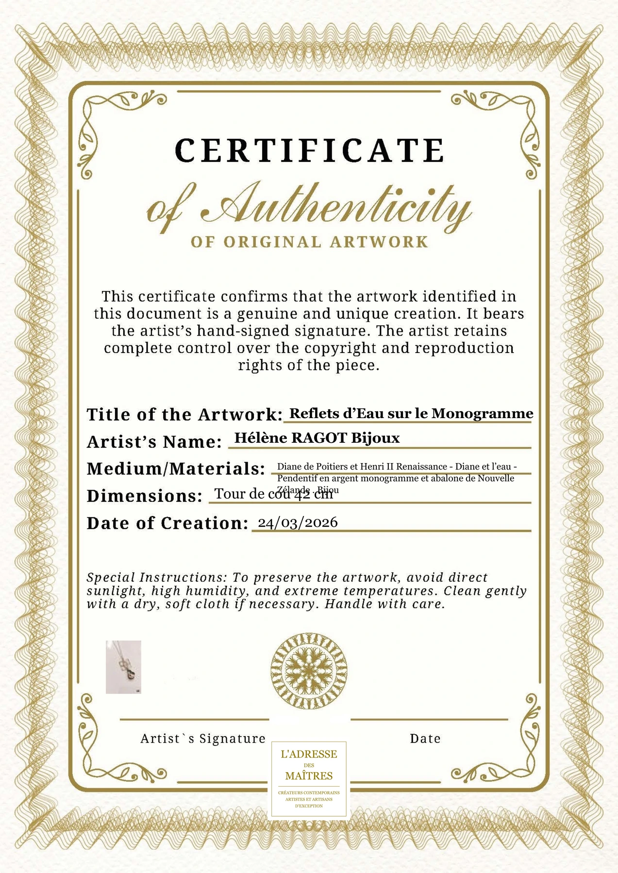 Certificat d'authenticité - Reflets d’Eau sur le Monogramme - Hélène RAGOT Bijoux