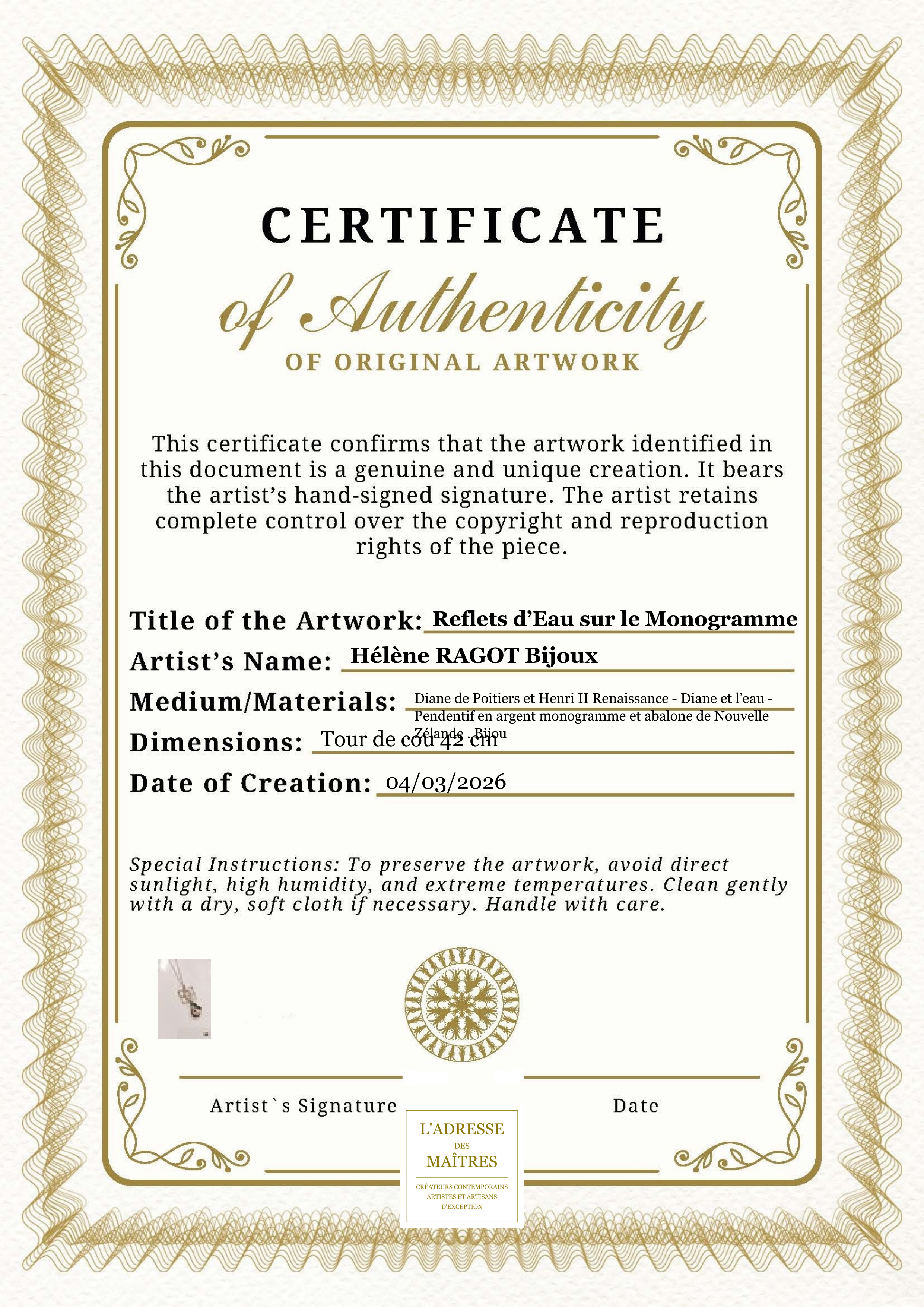 Certificat d'authenticité — Reflets d’Eau sur le Monogramme — Hélène RAGOT Bijoux