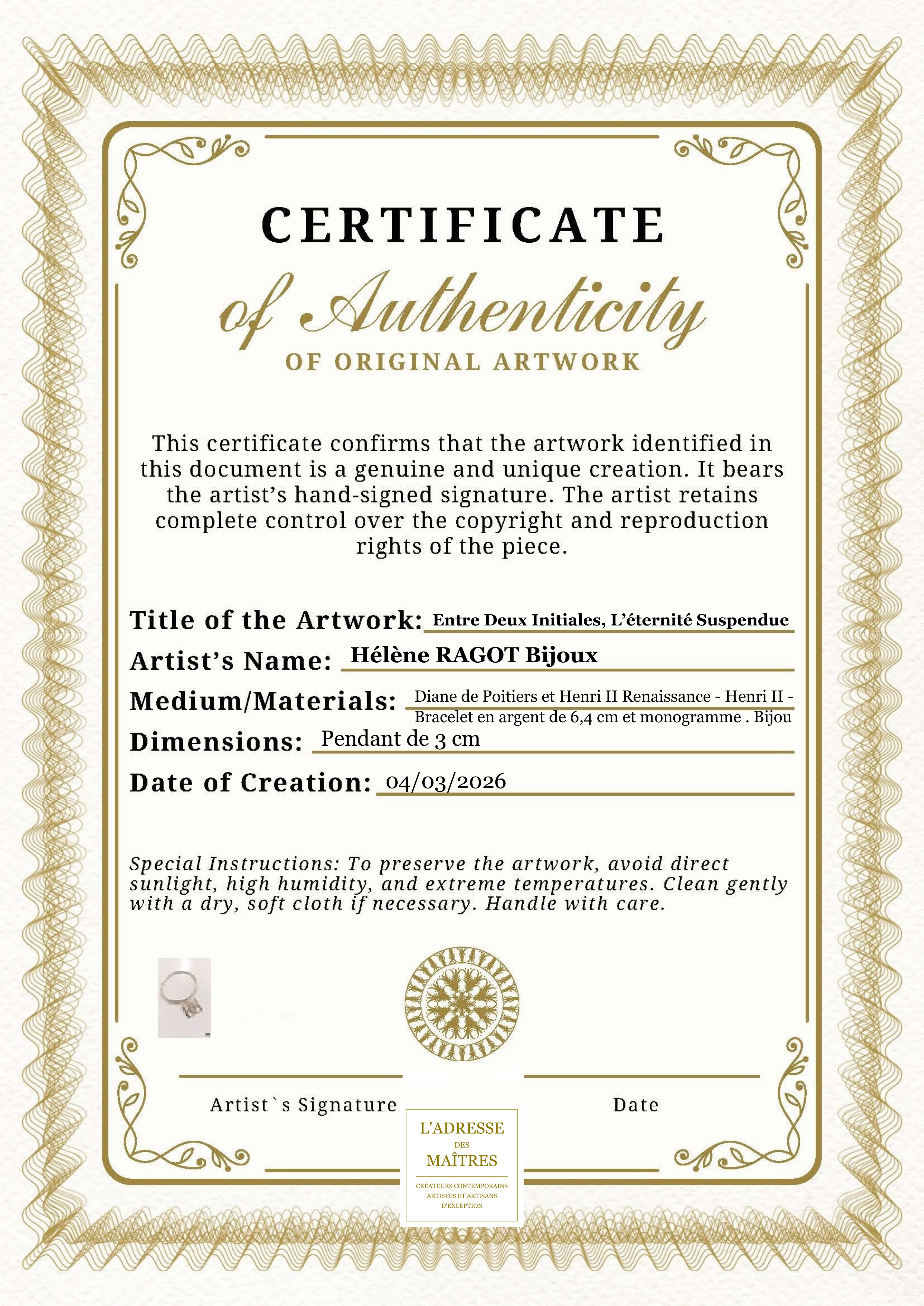 Certificat d'authenticité — Entre Deux Initiales, L’éternité Suspendue — Hélène RAGOT Bijoux
