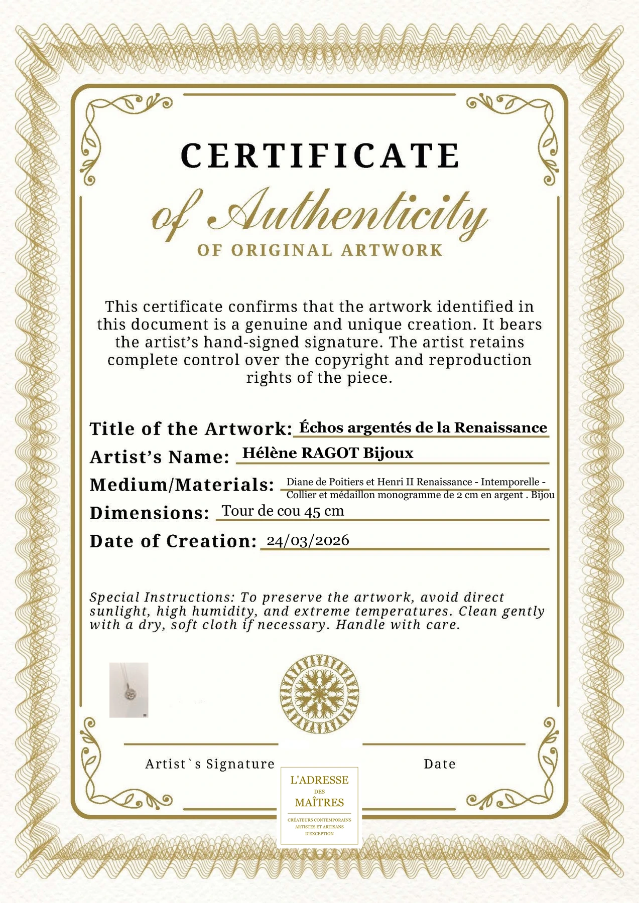 Certificat d'authenticité - Échos argentés de la Renaissance - Hélène RAGOT Bijoux