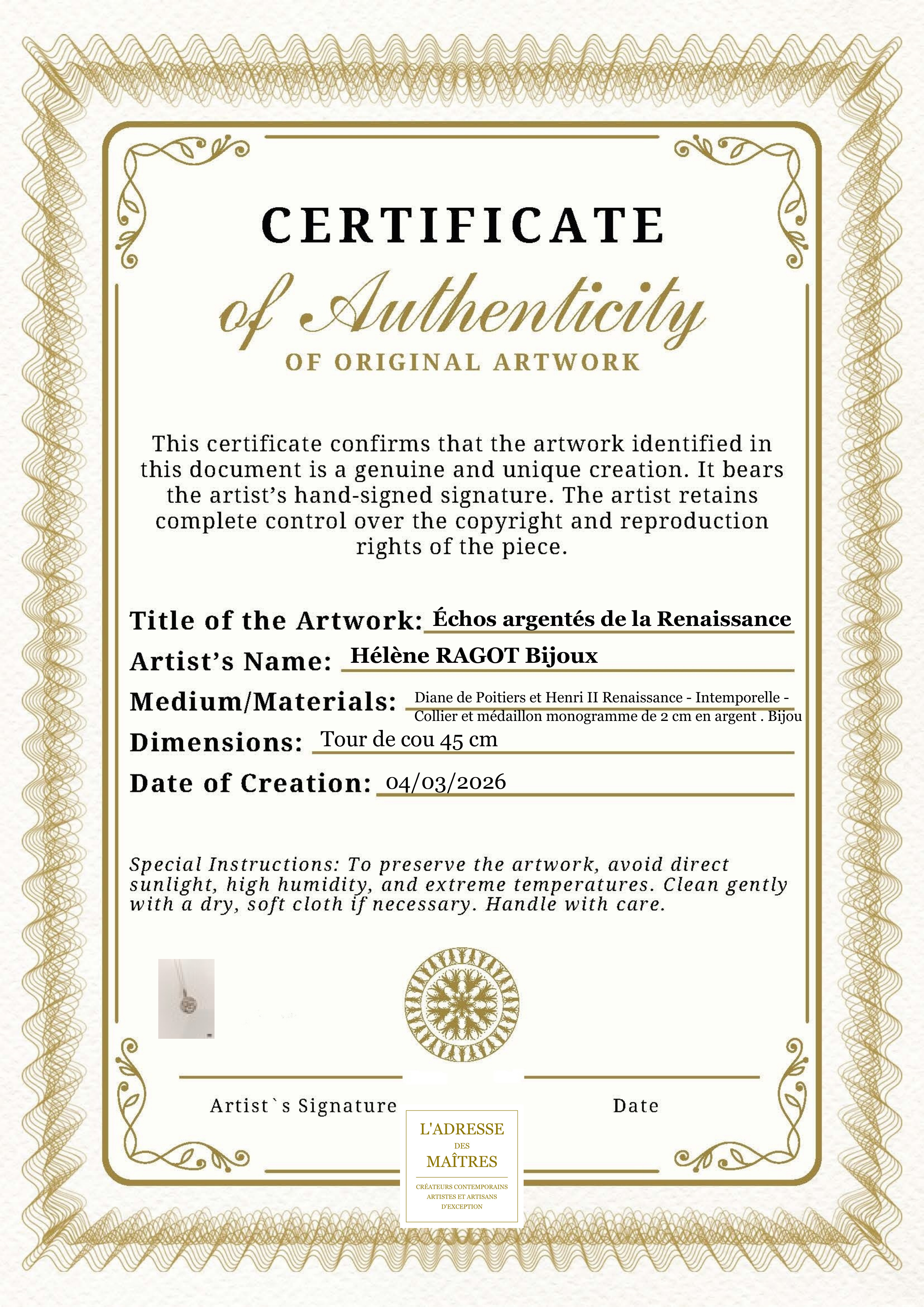 Certificat d'authenticité — Échos argentés de la Renaissance — Hélène RAGOT Bijoux
