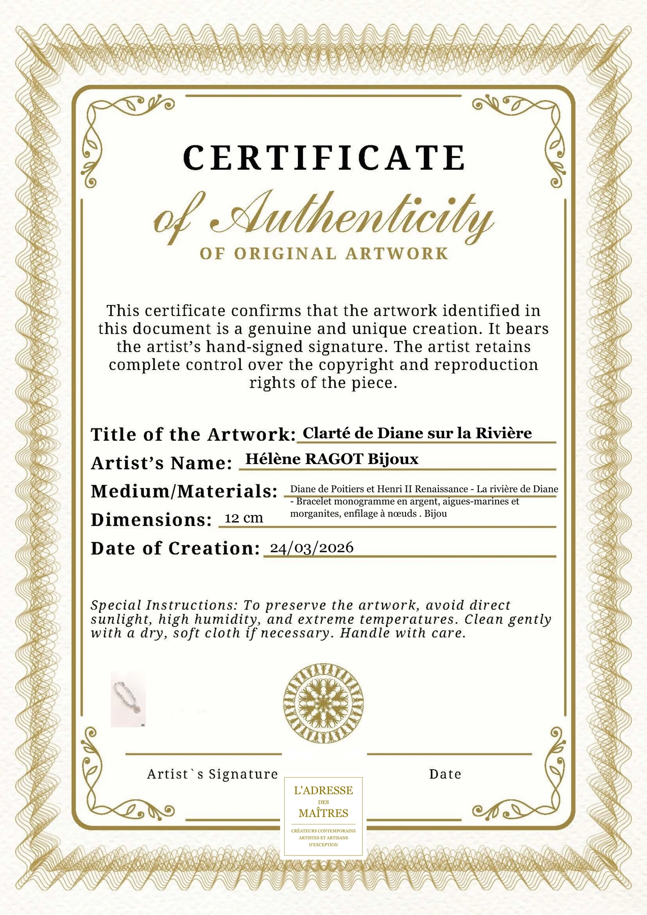 Certificat d'authenticité - Clarté de Diane sur la Rivière - Hélène RAGOT Bijoux