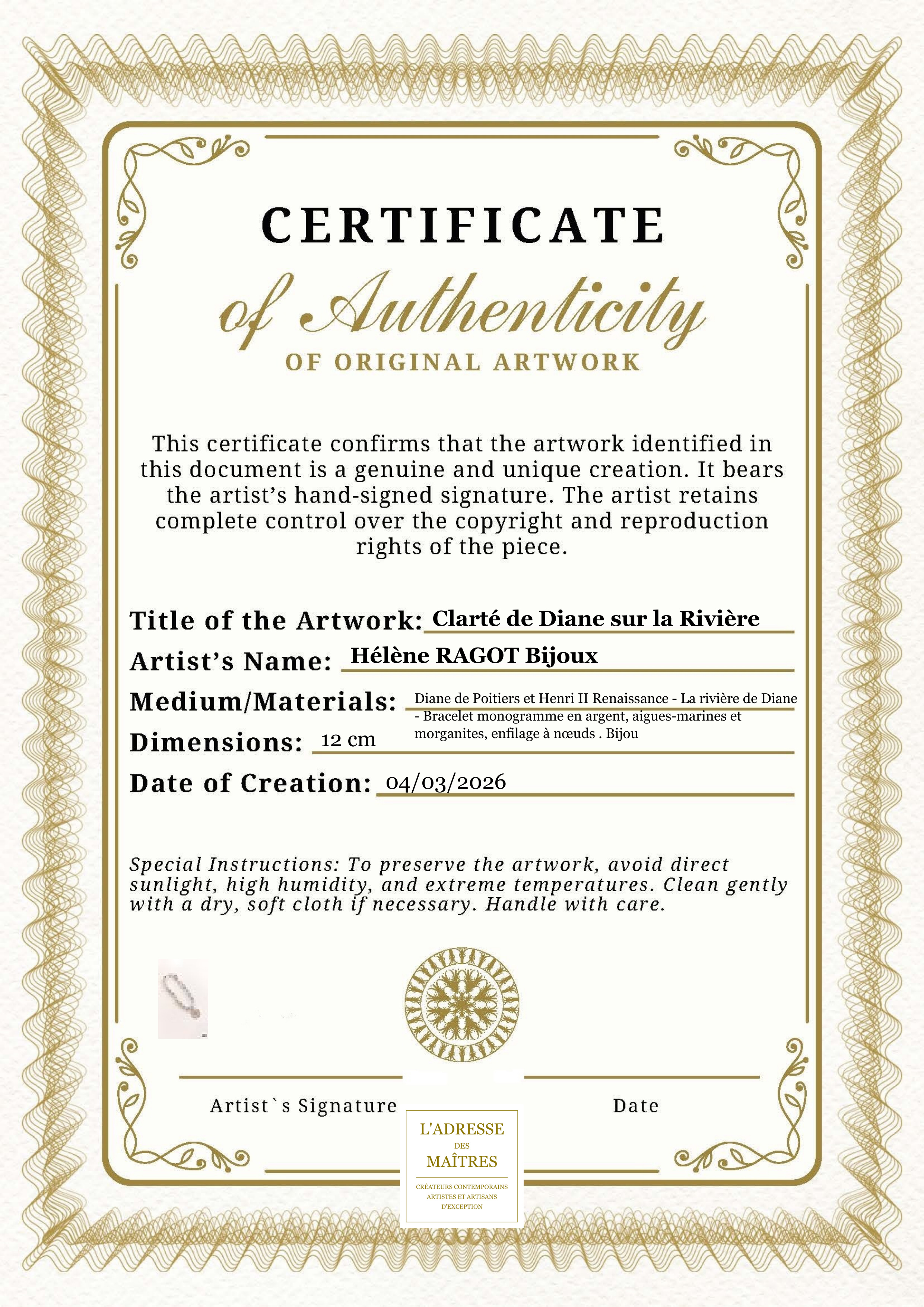 Certificat d'authenticité — Clarté de Diane sur la Rivière — Hélène RAGOT Bijoux