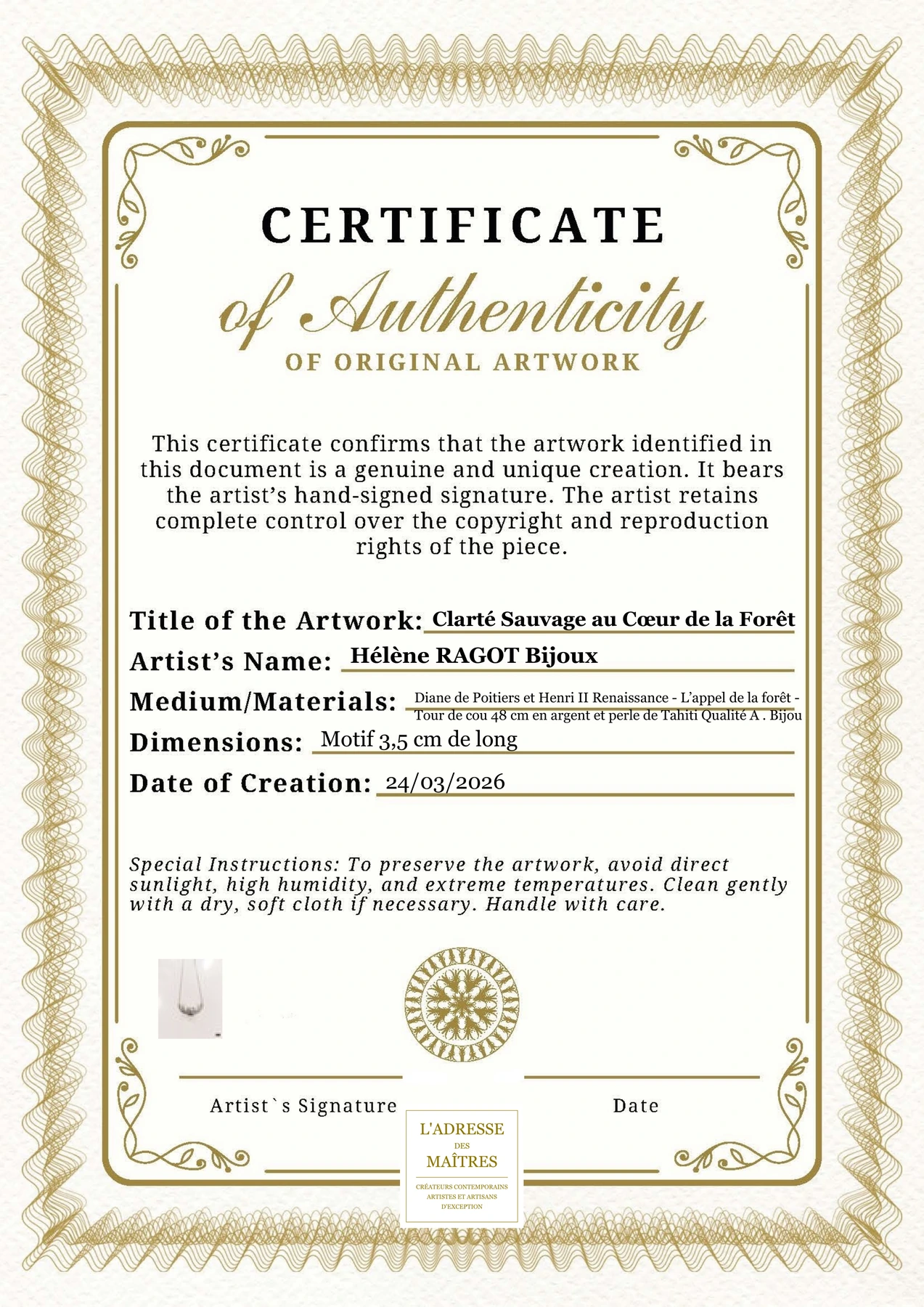 Certificat d'authenticité - Clarté Sauvage au Cœur de la Forêt - Hélène RAGOT Bijoux