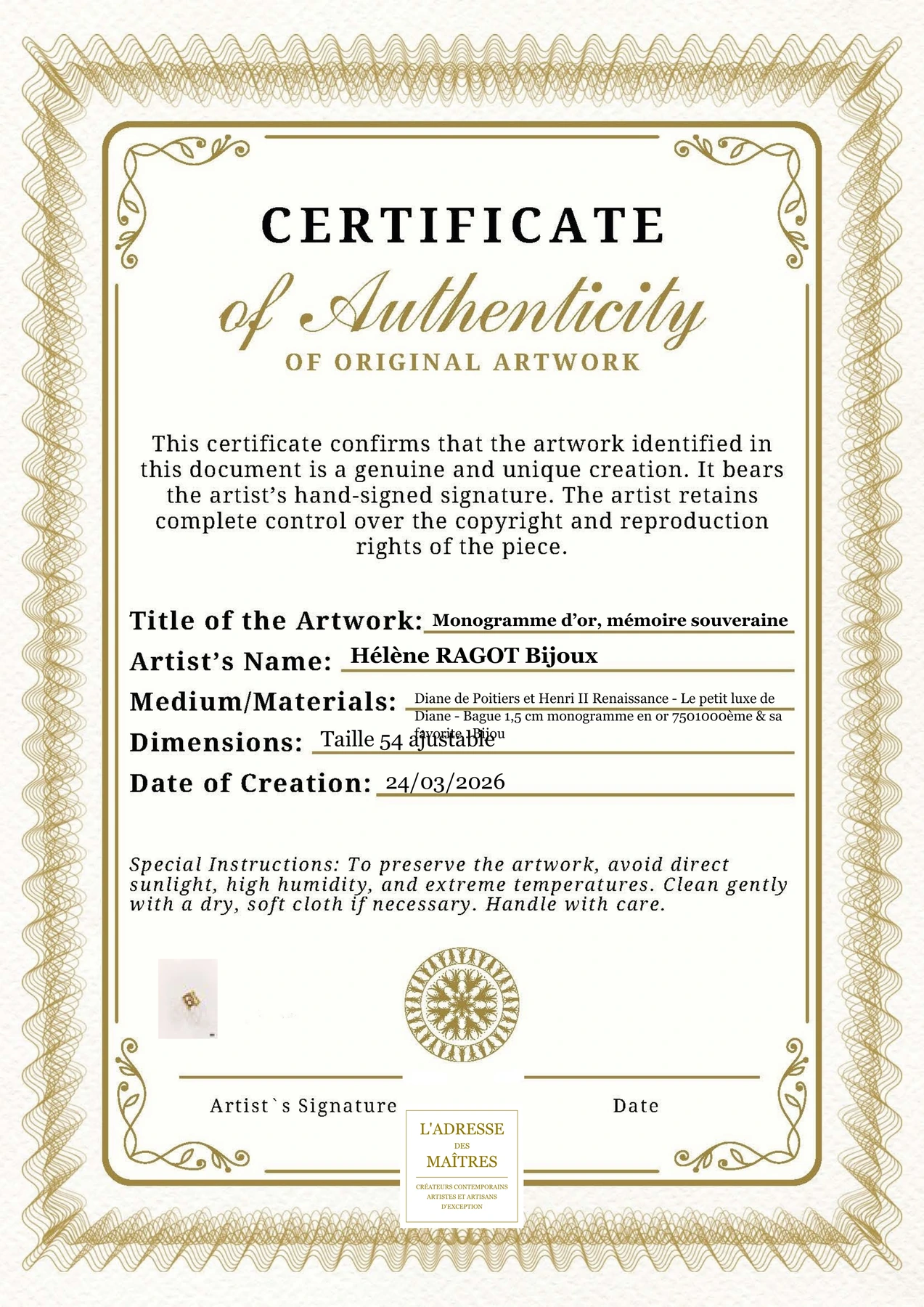 Certificat d'authenticité - Monogramme d’or, mémoire souveraine - Hélène RAGOT Bijoux