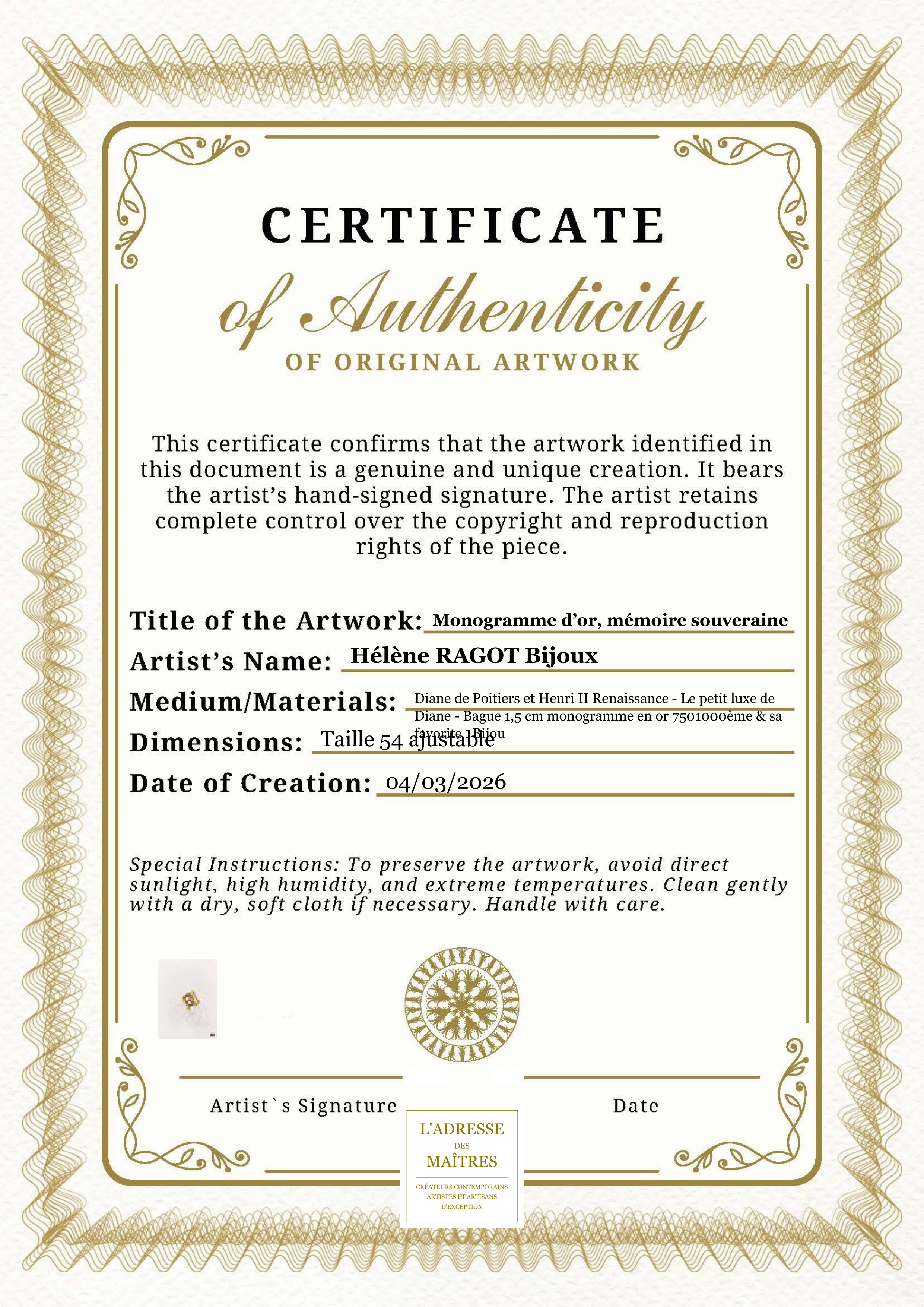 Certificat d'authenticité — Monogramme d’or, mémoire souveraine — Hélène RAGOT Bijoux
