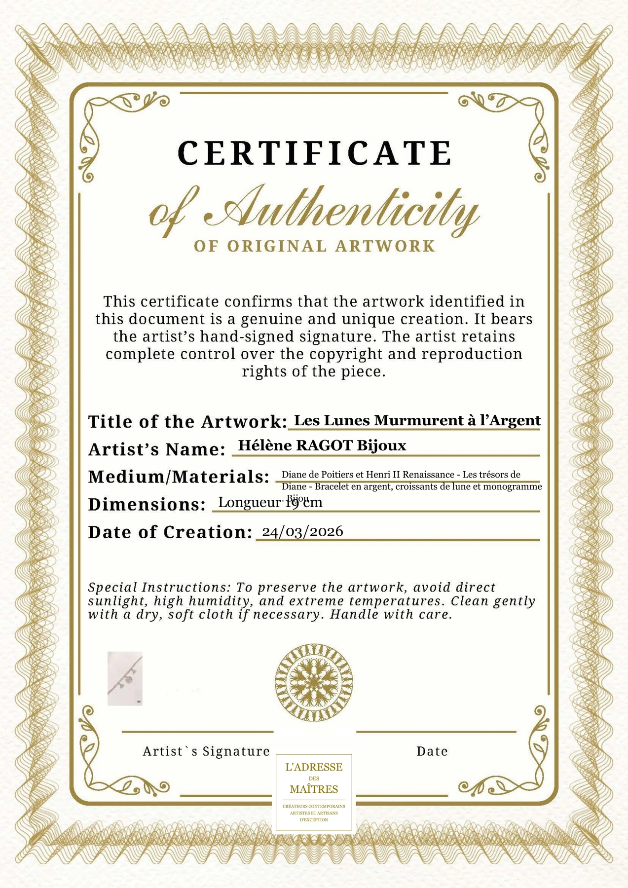 Certificat d'authenticité - Les Lunes Murmurent à l’Argent - Hélène RAGOT Bijoux