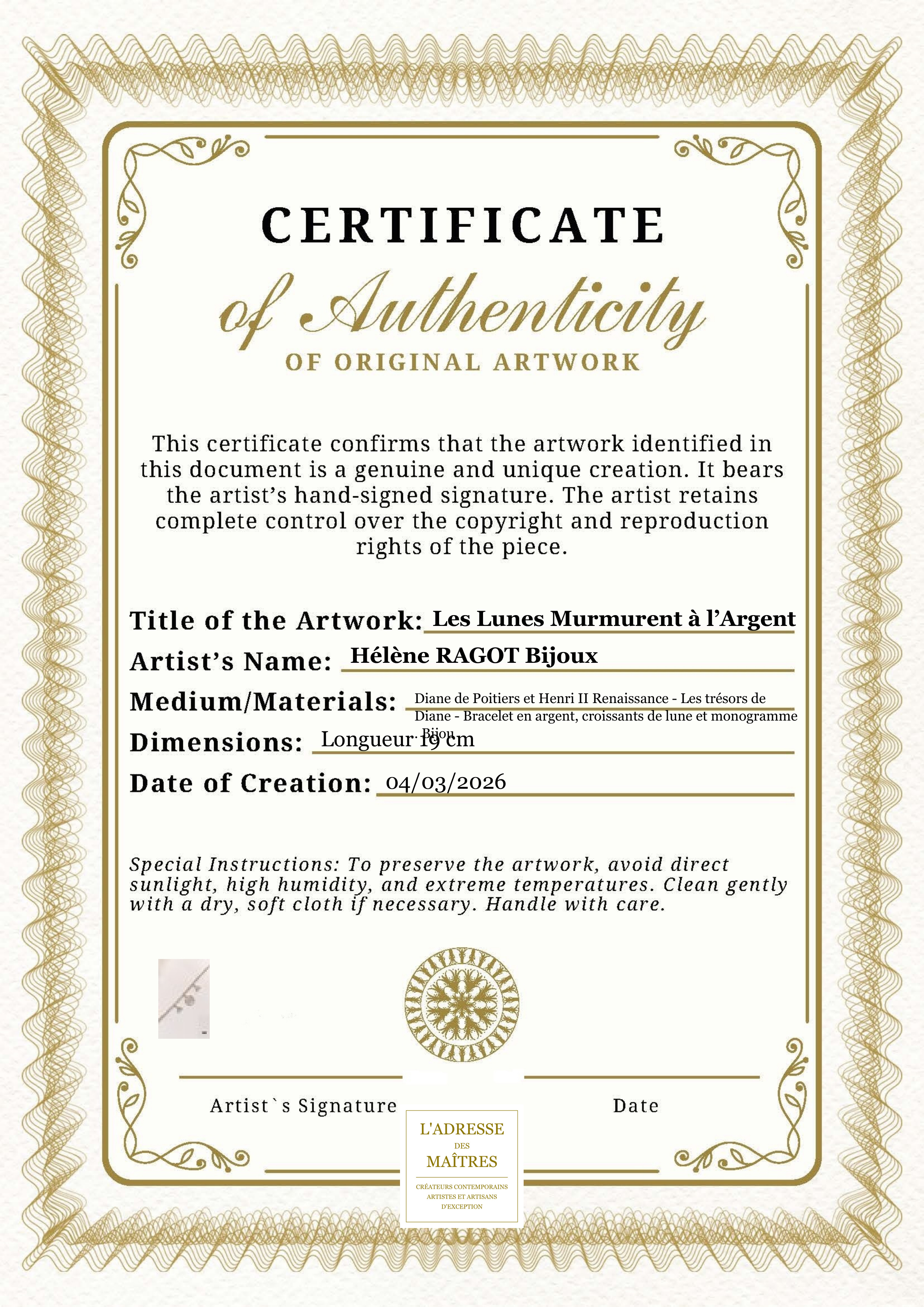 Certificat d'authenticité — Les Lunes Murmurent à l’Argent — Hélène RAGOT Bijoux