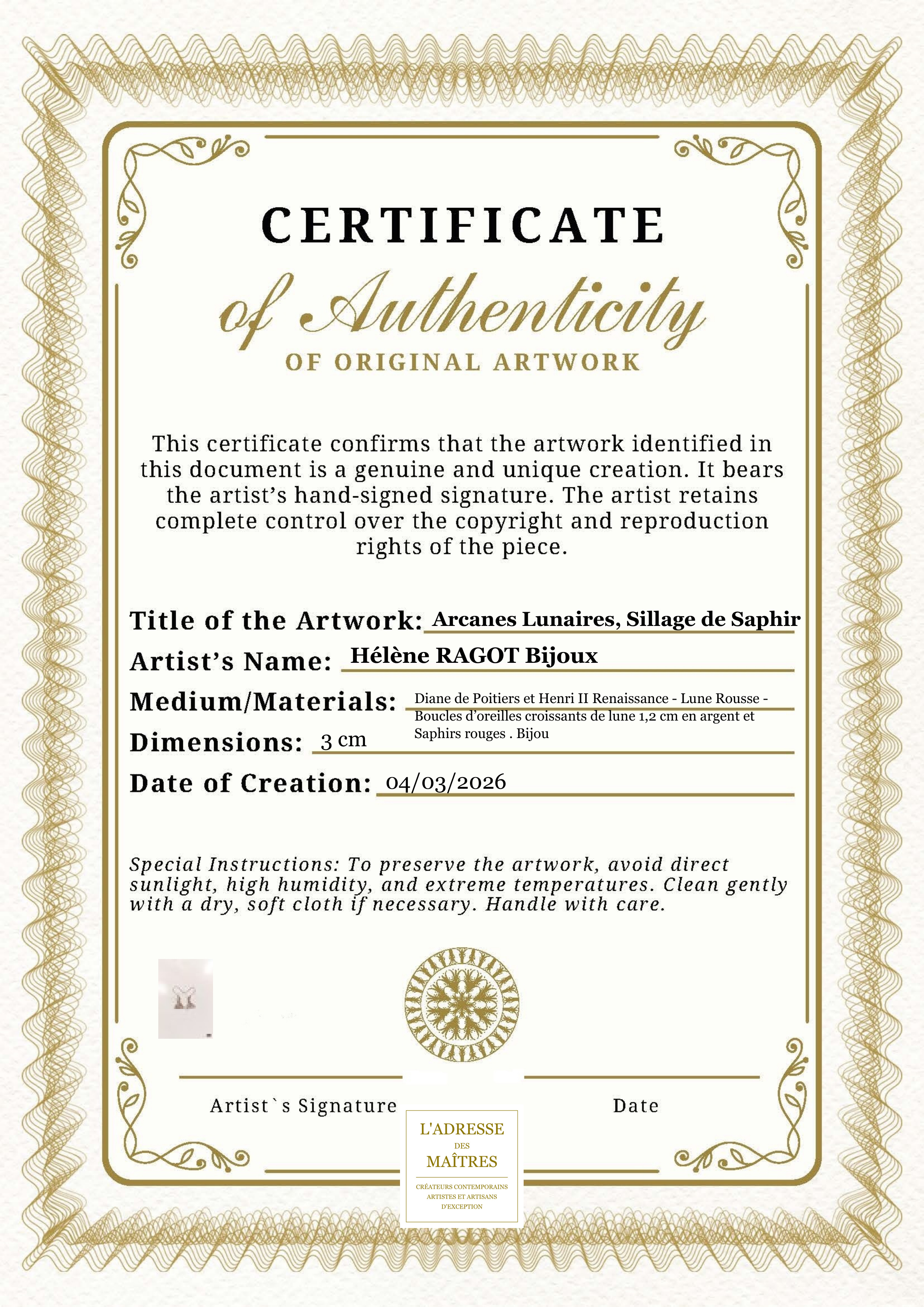 Certificat d'authenticité — Arcanes Lunaires, Sillage de Saphir — Hélène RAGOT Bijoux