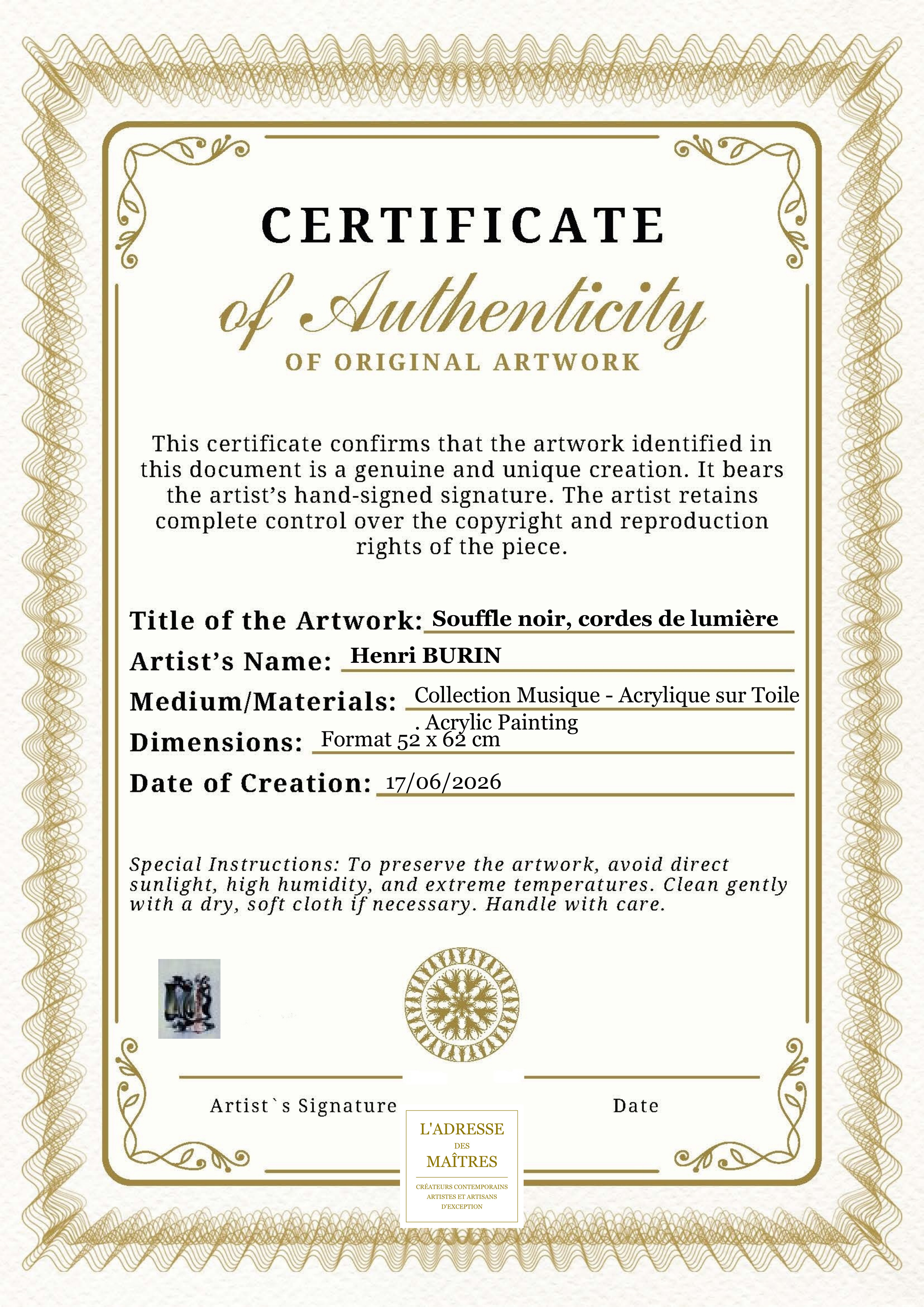 Certificat d'authenticité — Souffle noir, cordes de lumière — Henri BURIN