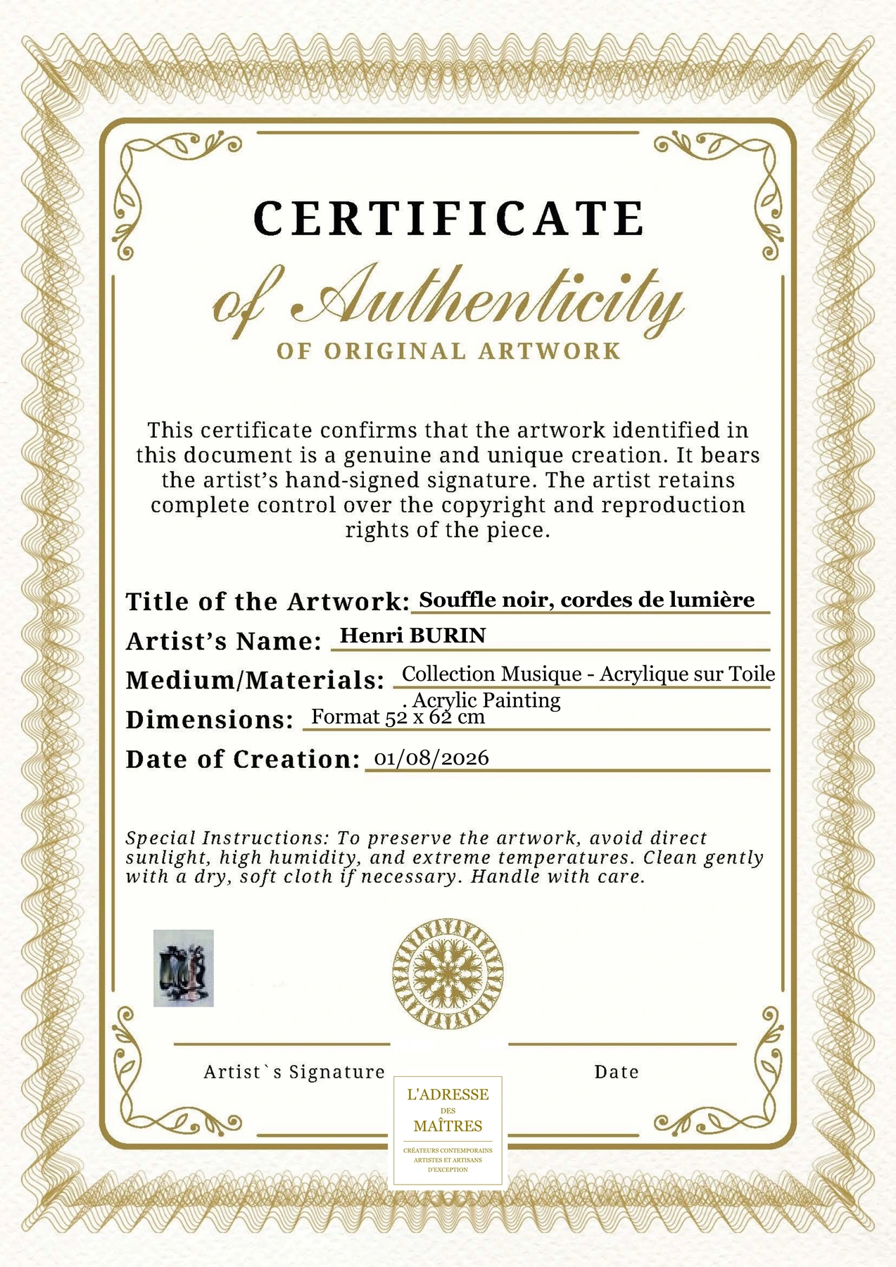 Certificat d'authenticité — Souffle noir, cordes de lumière — Henri BURIN