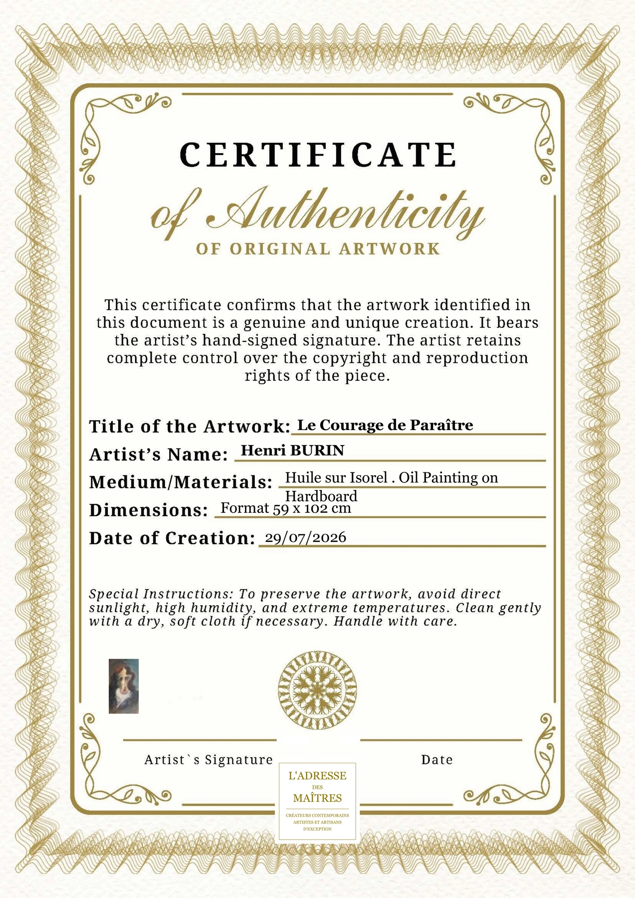 Certificat d'authenticité — Le Courage de Paraître — Henri BURIN