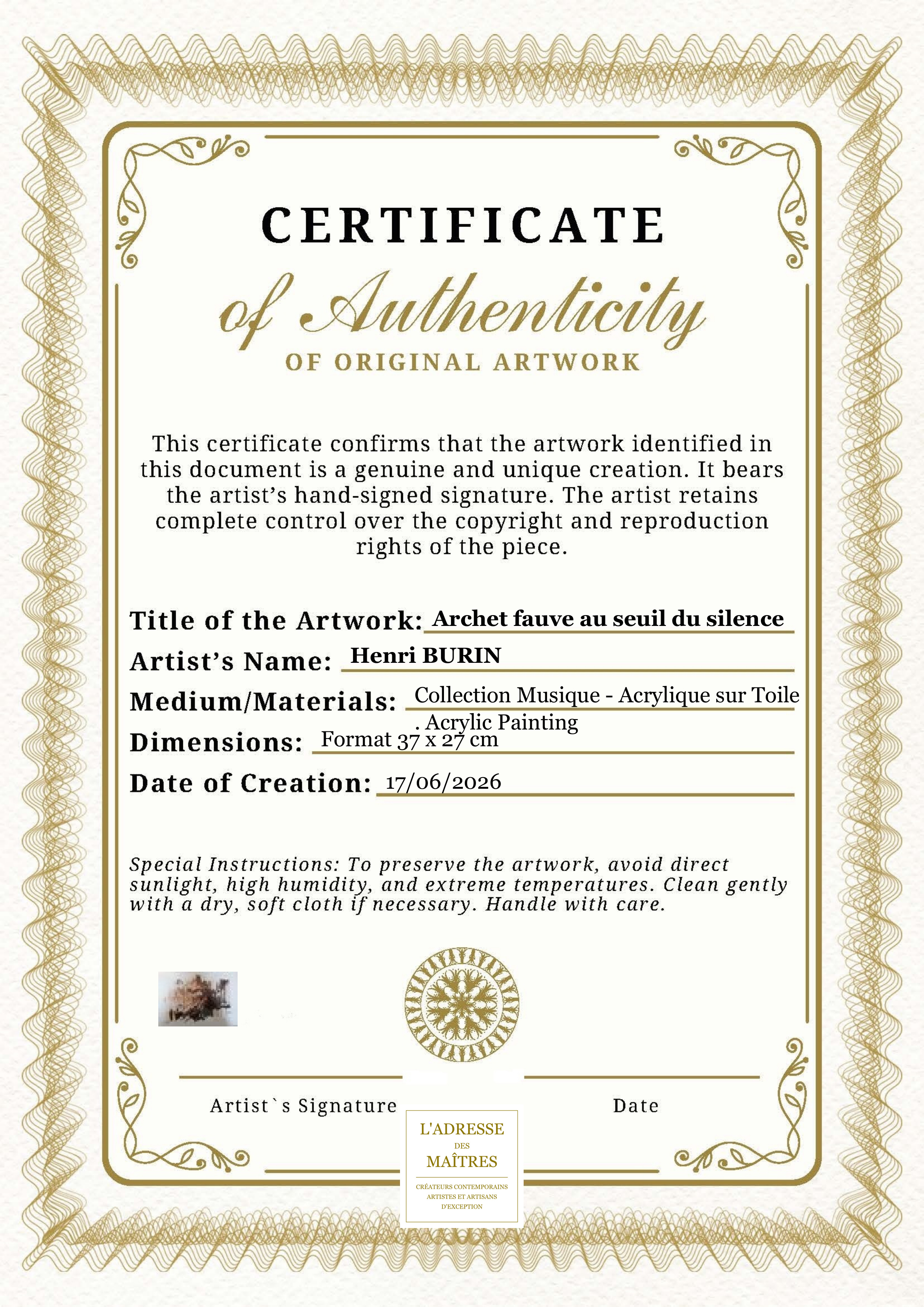 Certificat d'authenticité — Archet fauve au seuil du silence — Henri BURIN