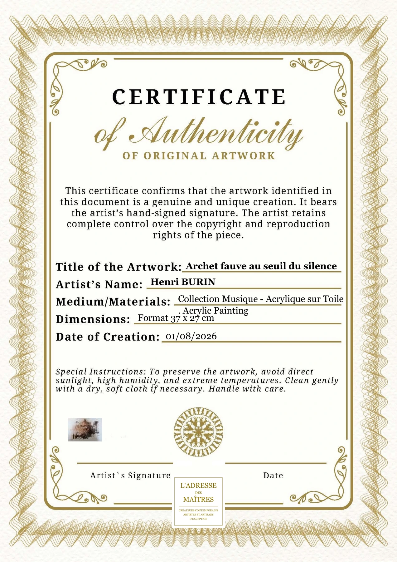 Certificat d'authenticité — Archet fauve au seuil du silence — Henri BURIN