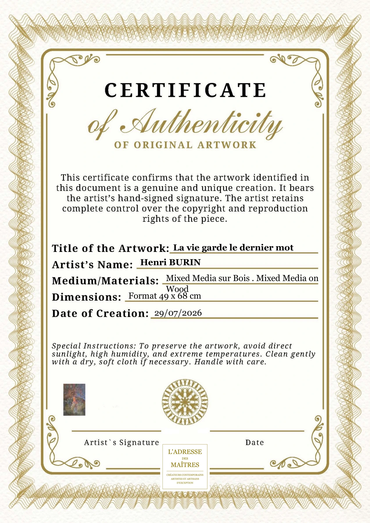 Certificat d'authenticité — La vie garde le dernier mot — Henri BURIN