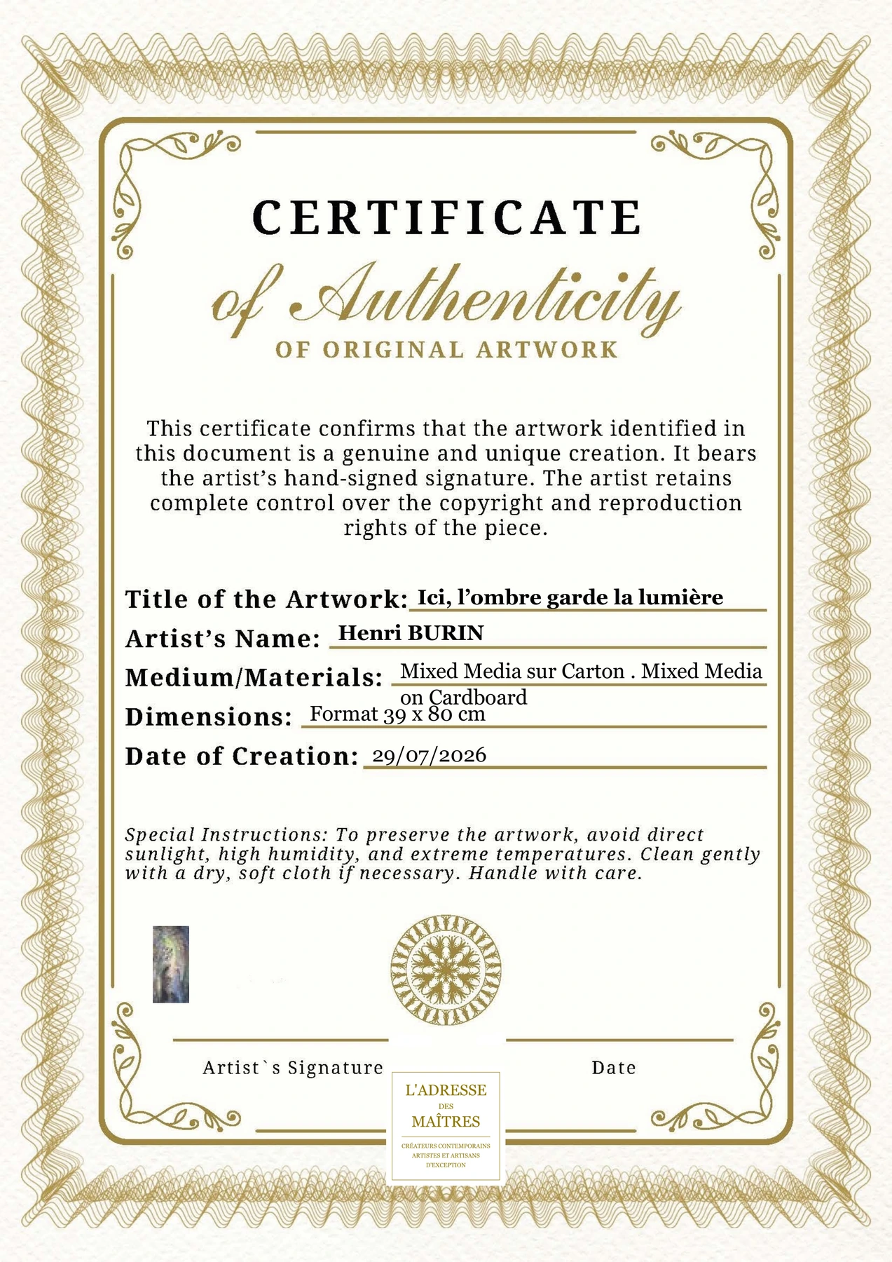 Certificat d'authenticité — Ici, l’ombre garde la lumière — Henri BURIN