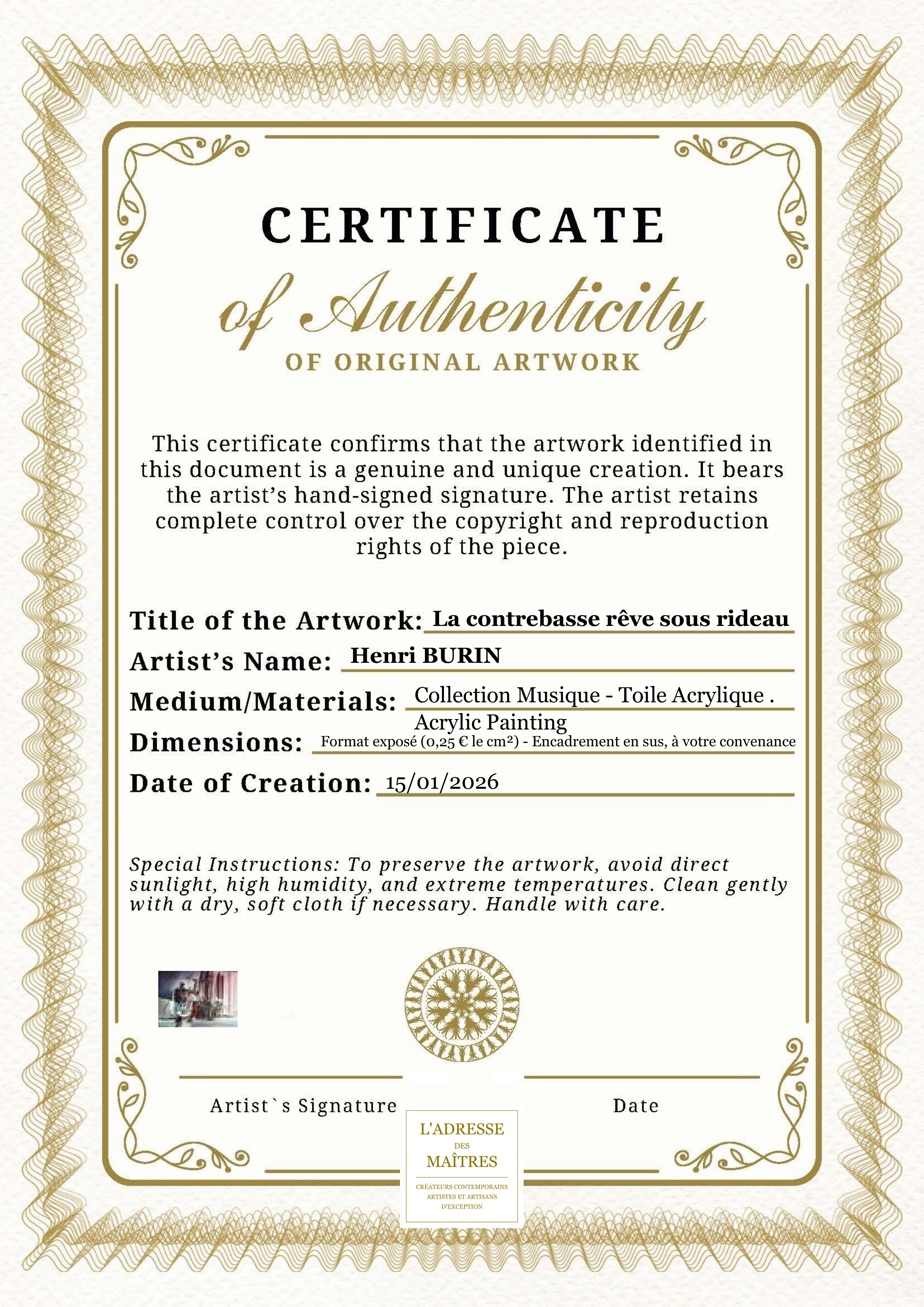 Certificat d'authenticité — La contrebasse rêve sous rideau — Henri BURIN